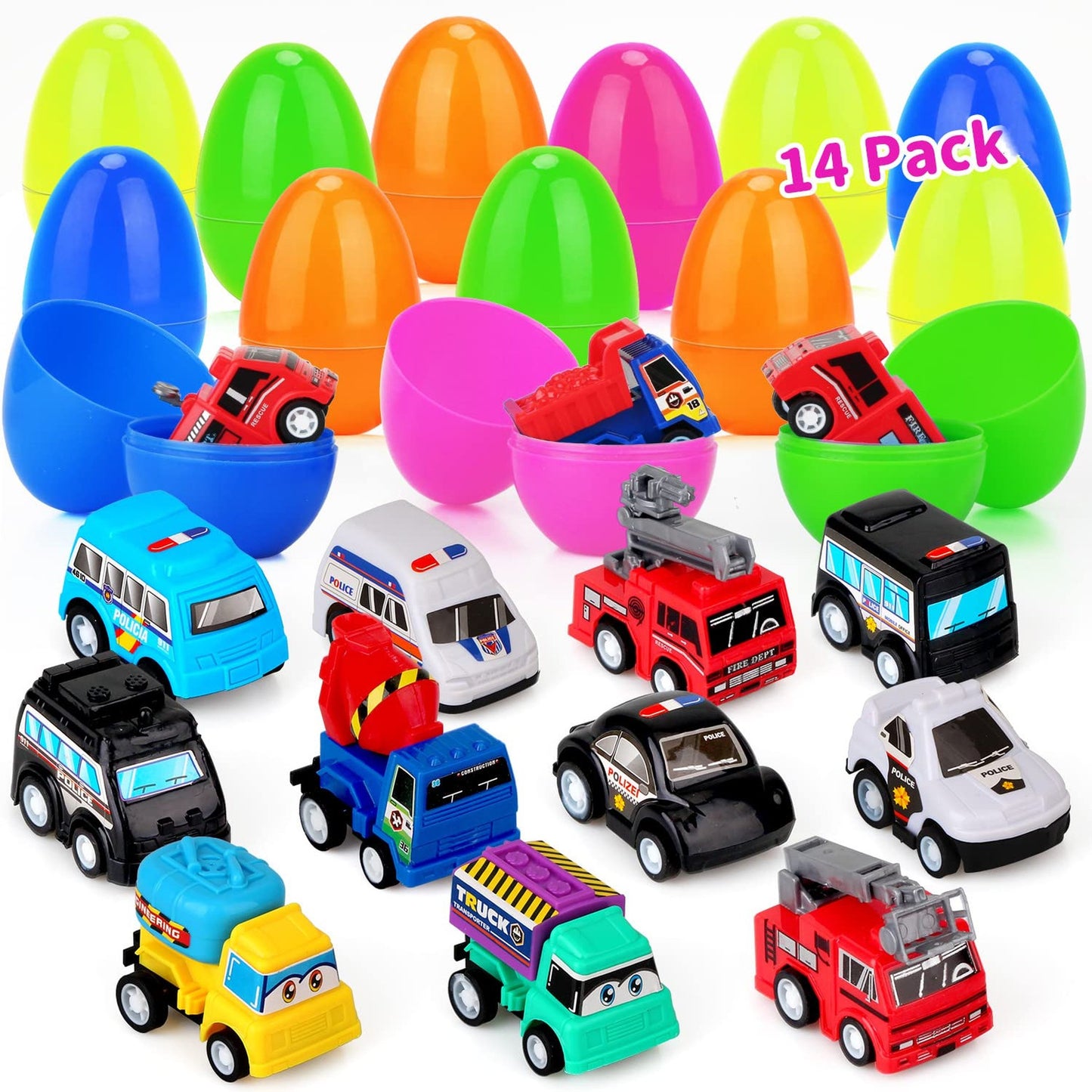 Colorful Egg Racers - 14 Pcs Prefilled Pull Back Cars for Kids Egg Hunt, Toy Egg Fillers for Basket Stuffers & Party Favors - Fun Surprise Toys Inside!