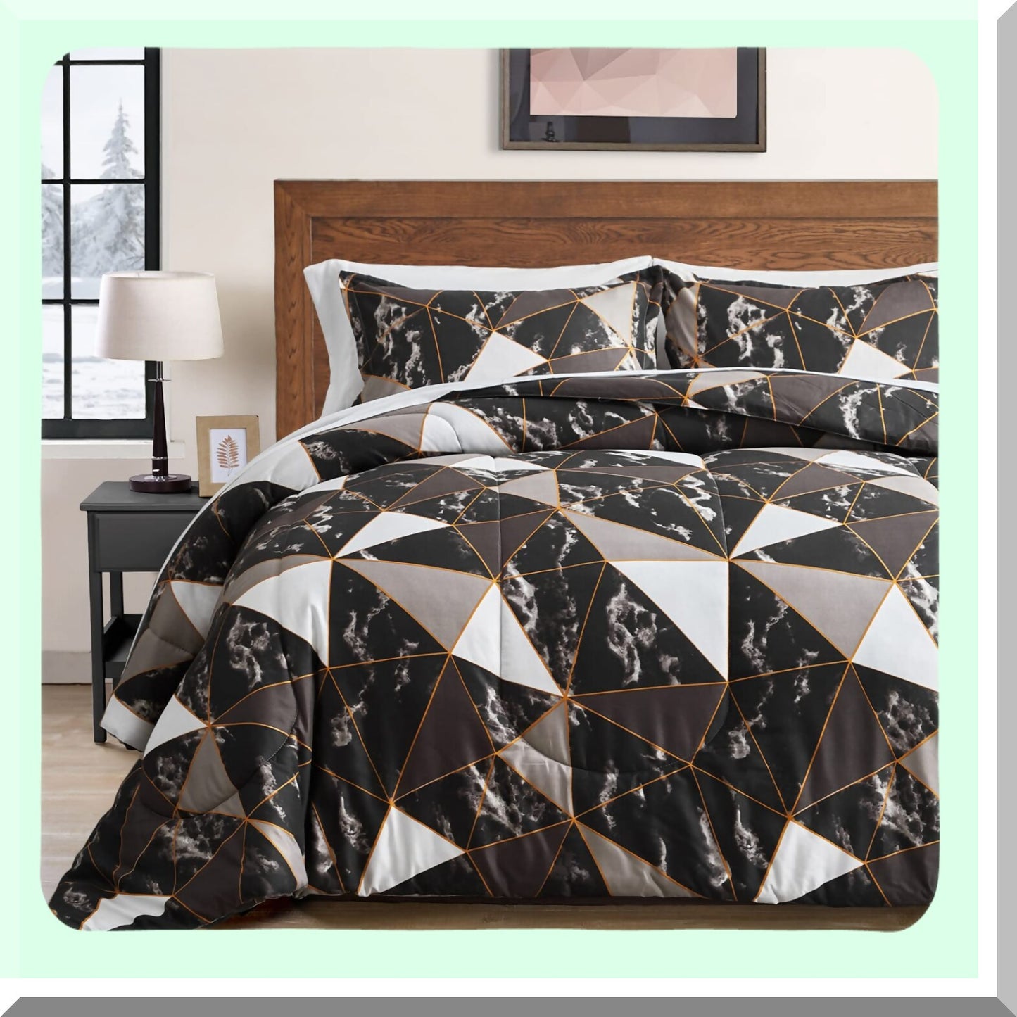 Marble Triangles Queen Bed Set - 7-Piece Comforter Sheet Bundle for Women - Gray Black White - Modern Geometric Design - 1 Comforter, 1 Flat Sheet, 1 Fitted Sheet, 2 Pillow Shams, 2 Pillowcases