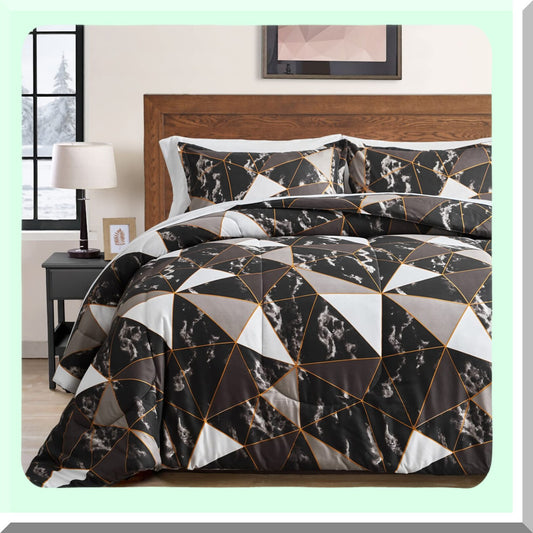Marble Triangles Queen Bed Set - 7-Piece Comforter Sheet Bundle for Women - Gray Black White - Modern Geometric Design - 1 Comforter, 1 Flat Sheet, 1 Fitted Sheet, 2 Pillow Shams, 2 Pillowcases