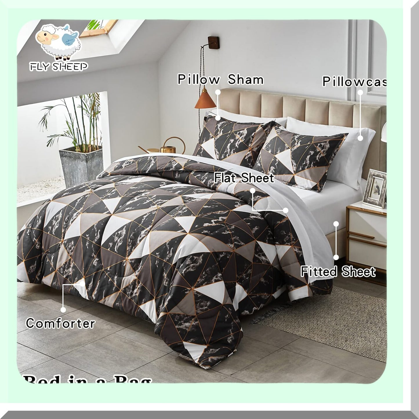 Marble Triangles Queen Bed Set - 7-Piece Comforter Sheet Bundle for Women - Gray Black White - Modern Geometric Design - 1 Comforter, 1 Flat Sheet, 1 Fitted Sheet, 2 Pillow Shams, 2 Pillowcases