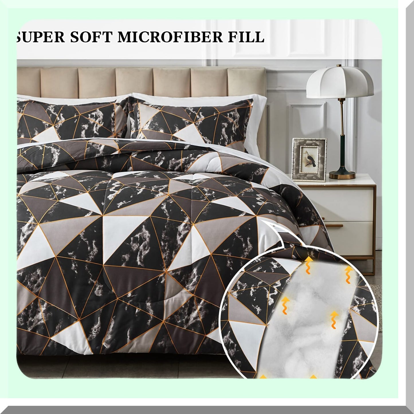 Marble Triangles Queen Bed Set - 7-Piece Comforter Sheet Bundle for Women - Gray Black White - Modern Geometric Design - 1 Comforter, 1 Flat Sheet, 1 Fitted Sheet, 2 Pillow Shams, 2 Pillowcases