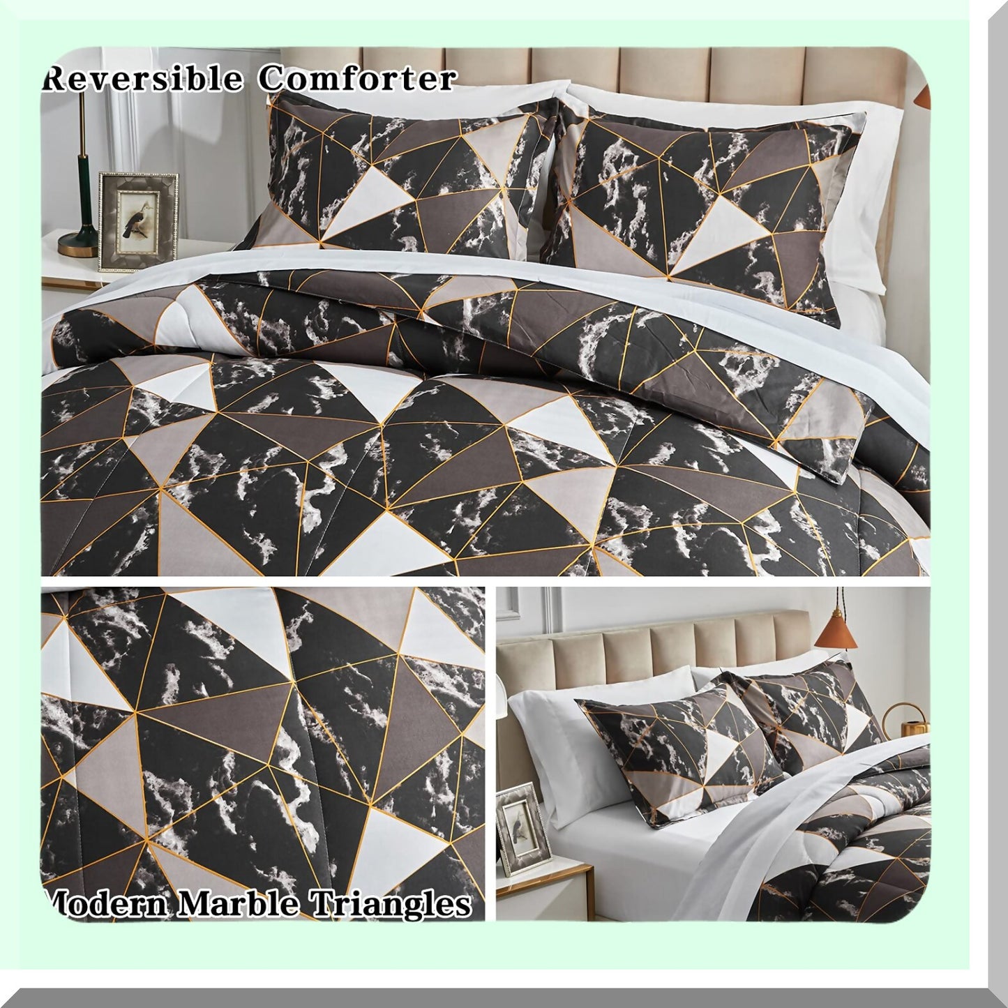 Marble Triangles Queen Bed Set - 7-Piece Comforter Sheet Bundle for Women - Gray Black White - Modern Geometric Design - 1 Comforter, 1 Flat Sheet, 1 Fitted Sheet, 2 Pillow Shams, 2 Pillowcases