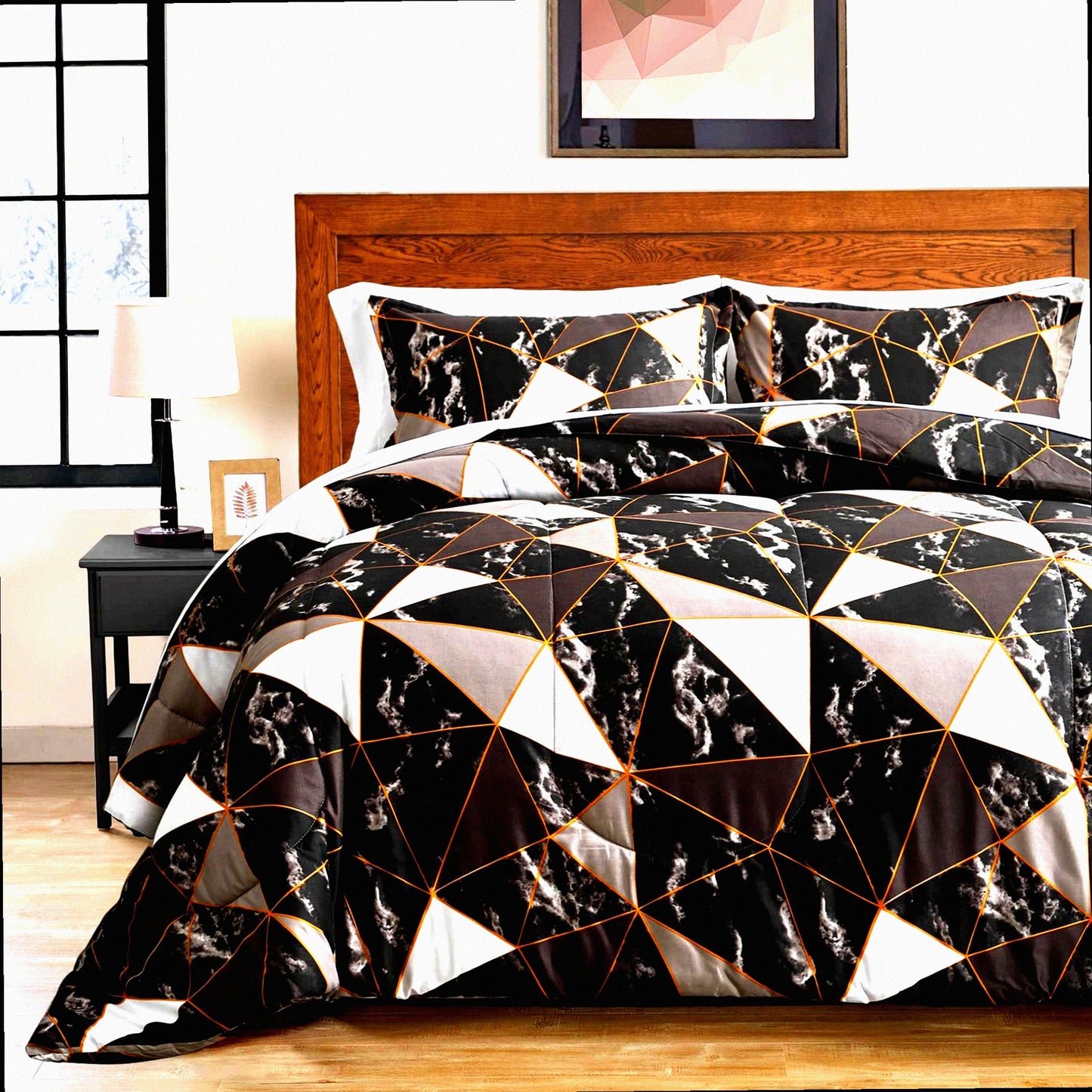 Marble Triangles Queen Bed Set - 7-Piece Comforter Sheet Bundle for Women - Gray Black White - Modern Geometric Design - 1 Comforter, 1 Flat Sheet, 1 Fitted Sheet, 2 Pillow Shams, 2 Pillowcases