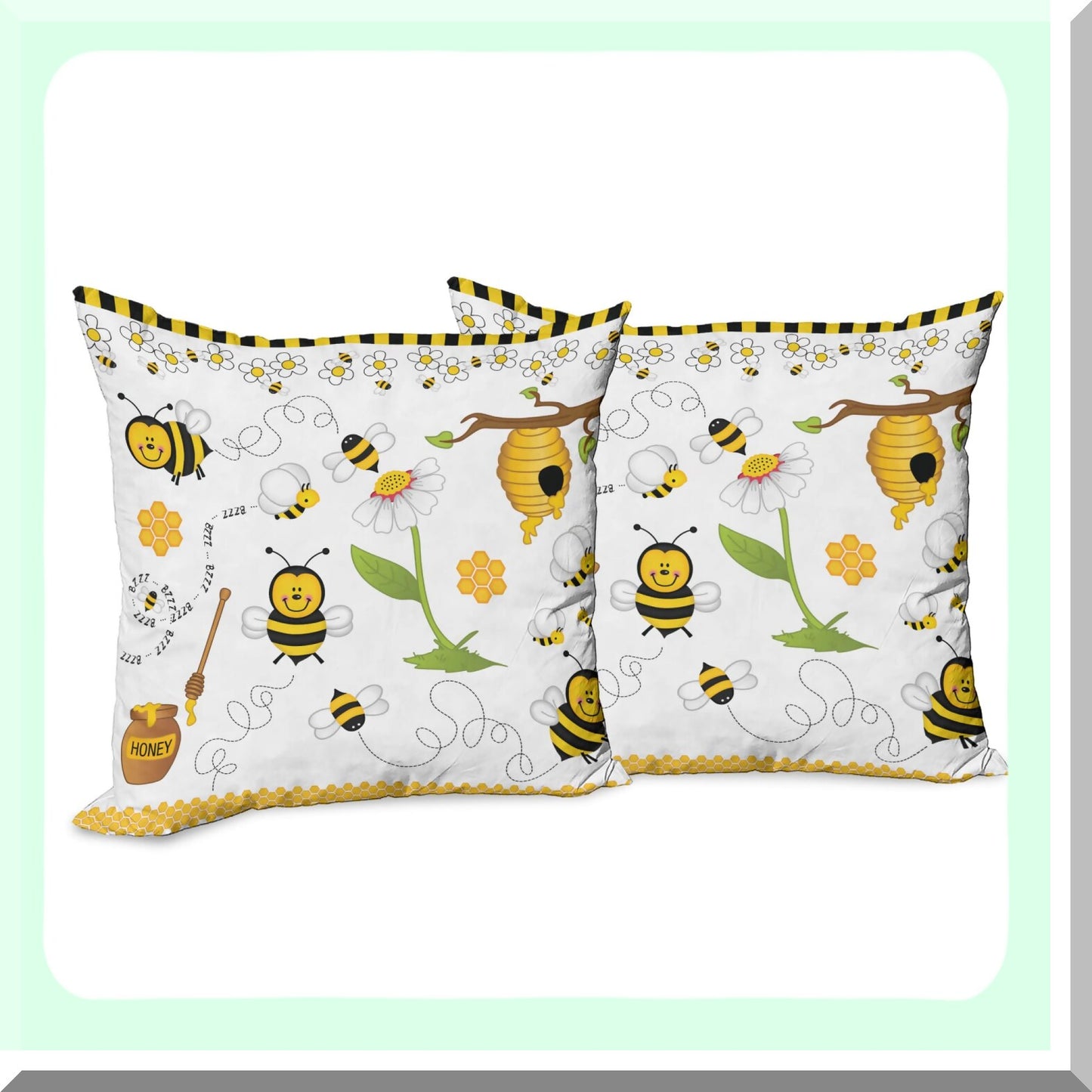 Springtime Buzz Collage Pillow Covers - Set of 2, Bee Daisy Chamomile Flowers Print, Double-Sided Zippered Decor, 20" White Yellow