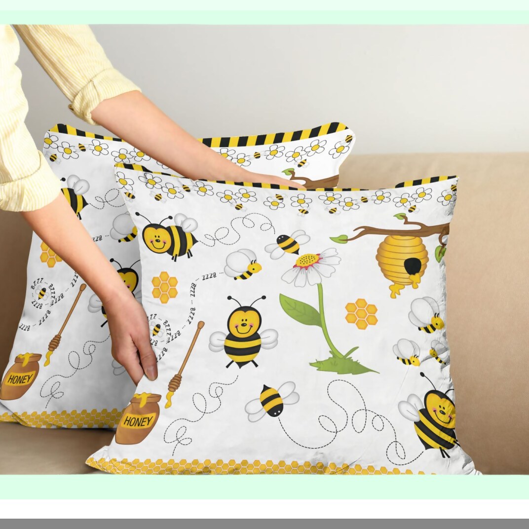 Springtime Buzz Collage Pillow Covers - Set of 2, Bee Daisy Chamomile Flowers Print, Double-Sided Zippered Decor, 20" White Yellow