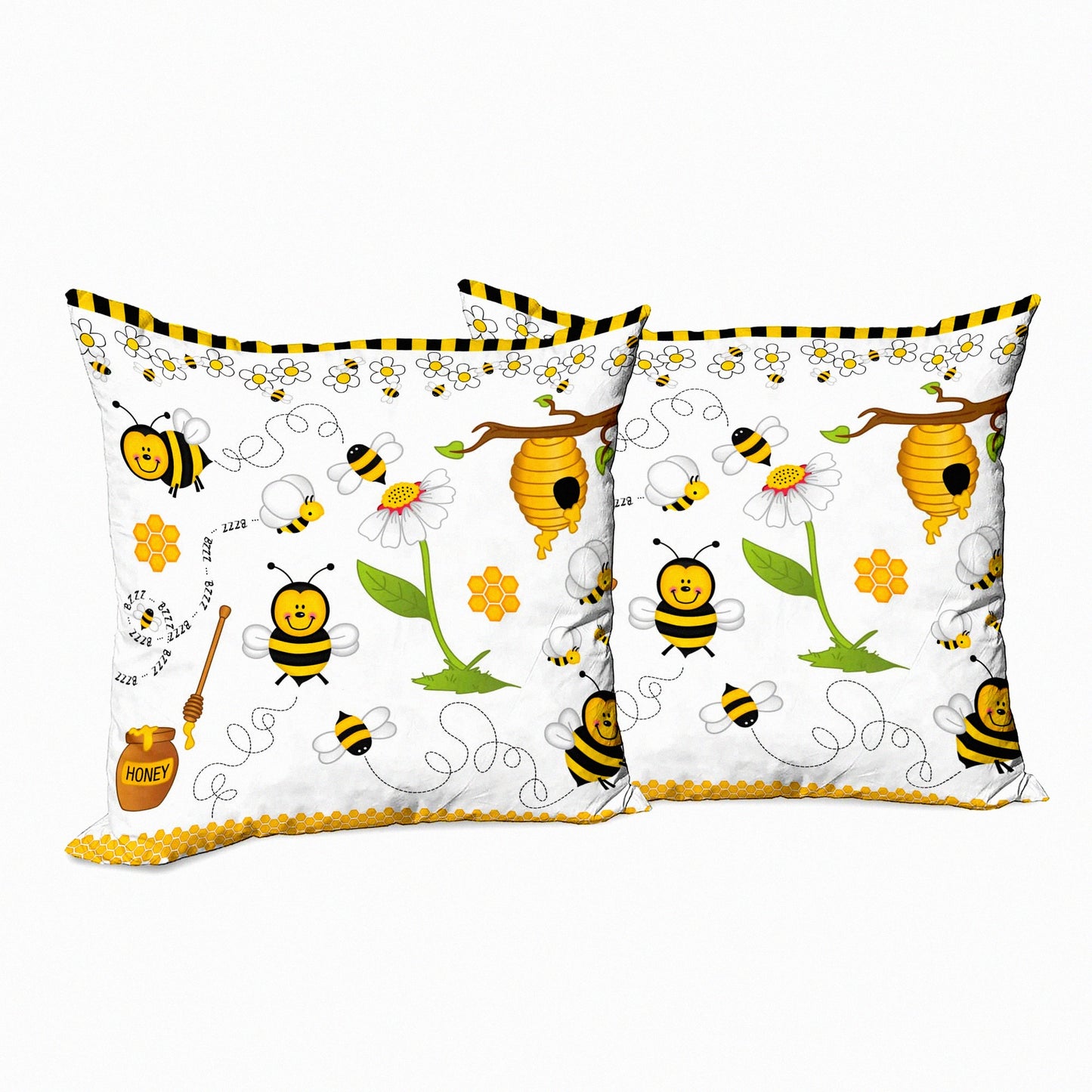 Springtime Buzz Collage Pillow Covers - Set of 2, Bee Daisy Chamomile Flowers Print, Double-Sided Zippered Decor, 20" White Yellow