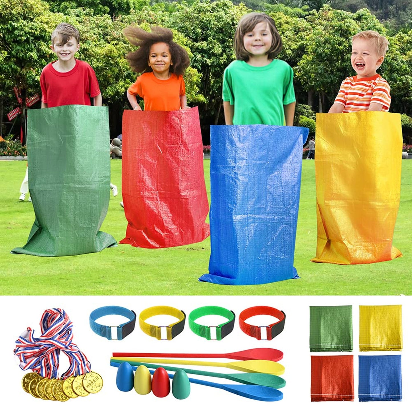 Field Day Fun Pack - Potato Sack Race, 3-Legged Bands, Egg & Spoon Game - Outdoor Games Set for Kids & Adults - Backyard Birthday Party Activities