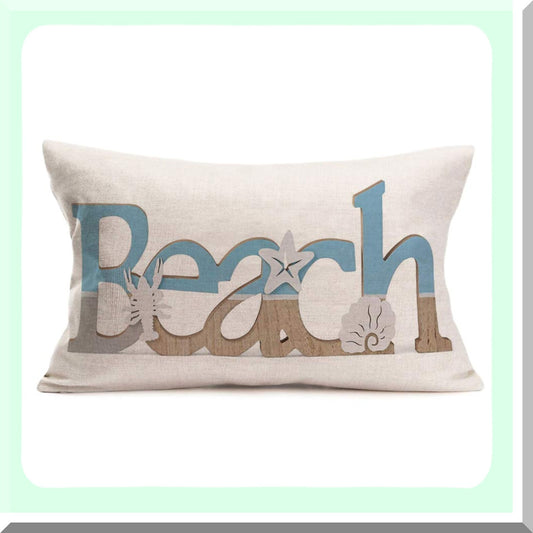 Ocean Life Beach Lettering Pillowcase - Coastal Decorative Cushion Cover for Home Sofa - Cotton Linen Lumbar Pillow Case 12x20 Inch - Marine Theme Outdoor Throw Pillow Cover