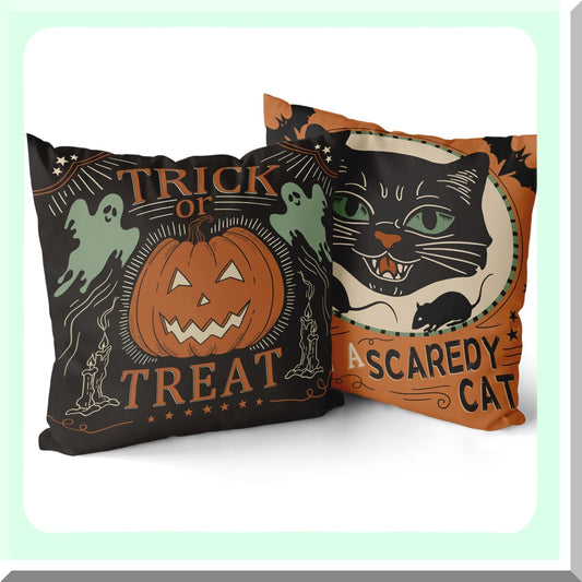 Vintage Scaredy Cats Pumpkin Pillow Covers Set - Halloween Trick Or Treat Farmhouse Decor - 18x18 Cotton Cushion Cover for Couch, Bed, Sofa, Chair - Set of 2 Decorative Pillowcases