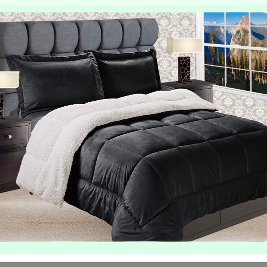 Luxury Plush Sherpa Comforter Set - Queen Size - Black - Reversible Micro-Suede - Heavy Weight - Premium Quality - Down Alternative - 3-Piece