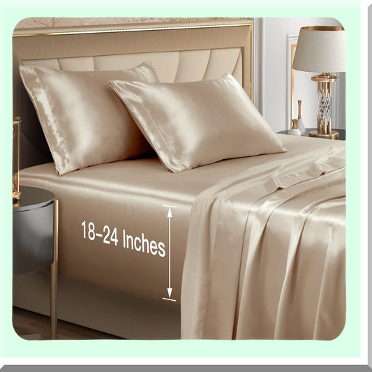 Luxury Silky Beige Deep Pocket Queen Sheet Set - 4pcs Ultra Soft Bedding for 18-24 Inch Mattress - Extra Deep Fitted Sheets for Ultimate Comfort