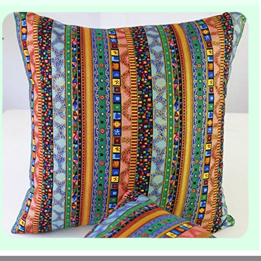 Bohemian Green Stripe Linen Cushion Cover - Hidden Zipper Closure - Antique Style Sofa Throw Pillowcase - 18x18 Inch - Cotton Blend - No Insert