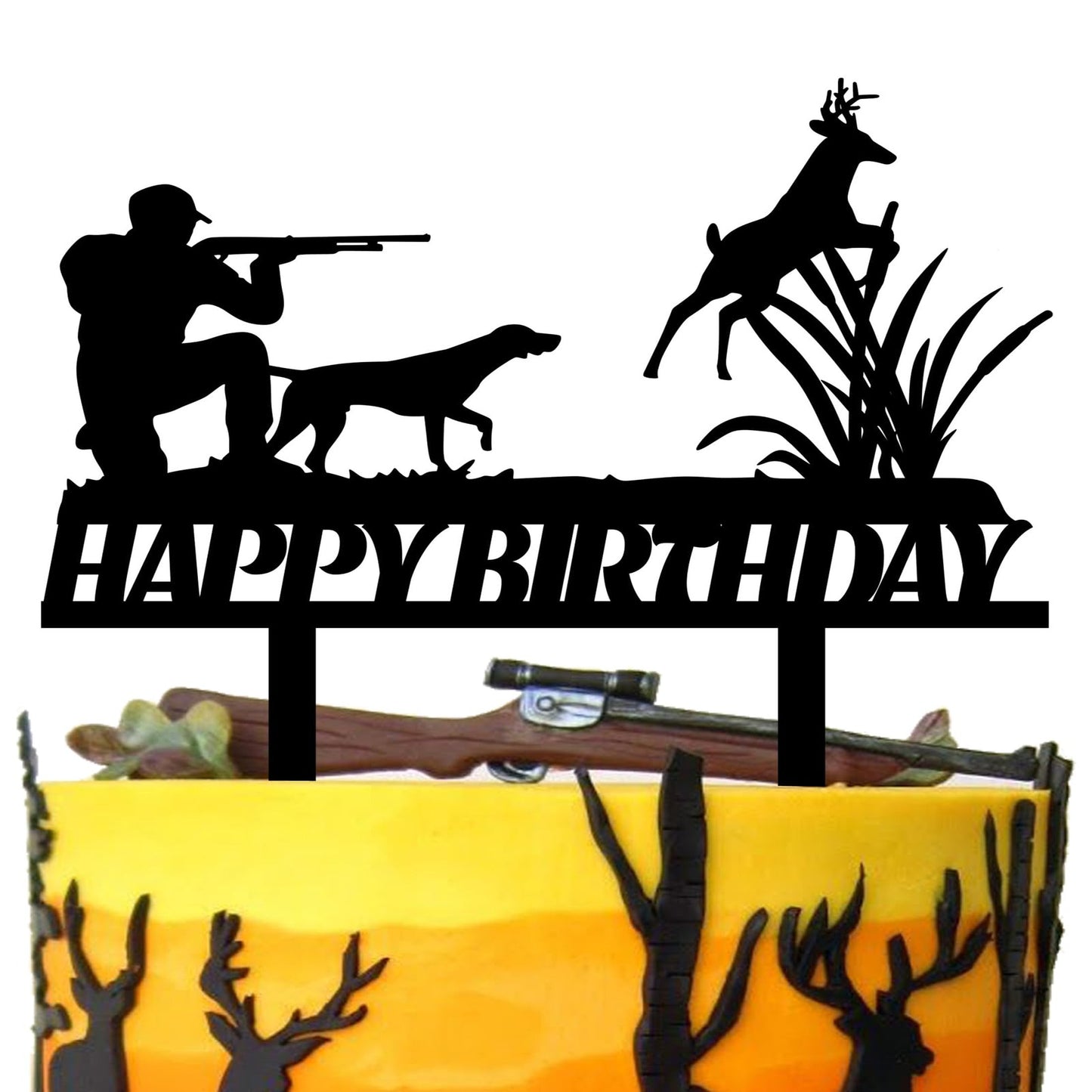 Hunters' Woodland Birthday Cake Topper - Deer Hunting Theme for Kids & Adults - Gone Hunting Party Supplies with Hounds - Man & Woman Birthday Decor