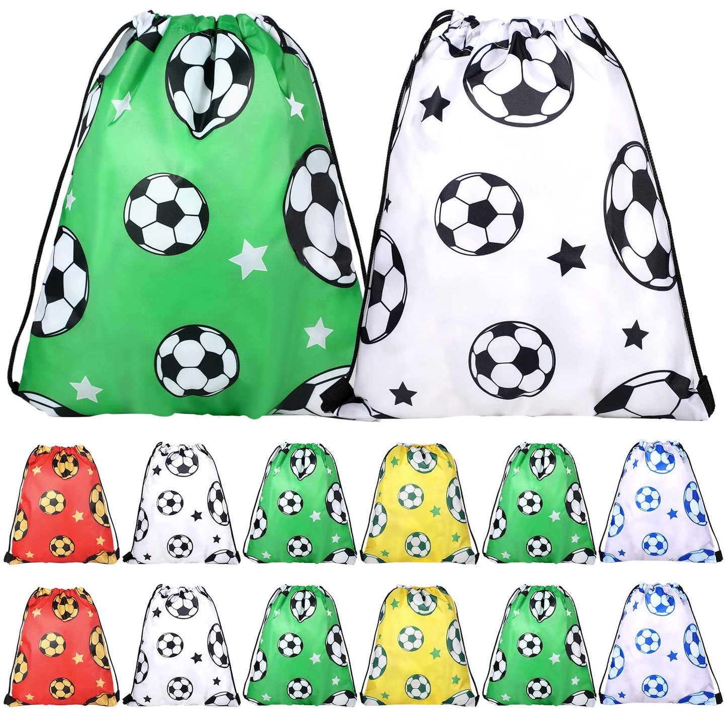 SoccerGo Drawstring Bags - 20 Pack Portable Sports Backpacks for Girls Boys Birthday Goodie Bag - Vivid Style - 12 x 10 Inch - Soccer Party Favors