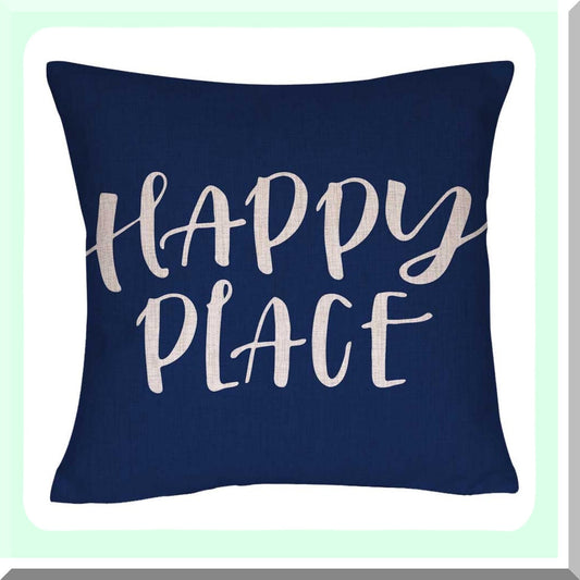 Happy Haven Decorative Pillow Cover - 18x18 Square Navy Throw Pillow Case with Happy Place Text - Cozy Home Decor Accent for Living Room or Bedroom
