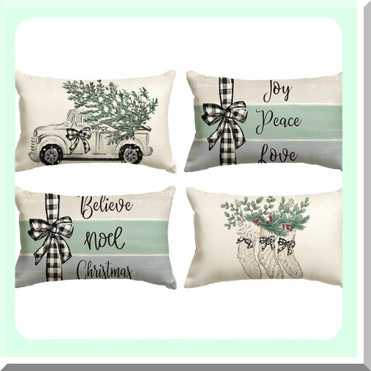 Winter Joy Eucalyptus Buffalo Plaid Throw Pillow Covers - Set of 4 - 12 x 20 Inch Holiday Cushion Case for Sofa Couch - Tree Truck Stocking Decoration