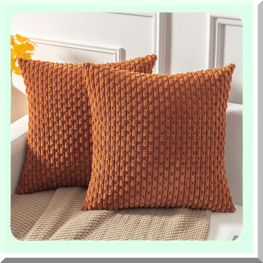 Rustic Boho Corduroy Pillow Covers - Set of 2, 24x24 Inch Square Cushion Cases for Living Room Couch, Farmhouse Home Decor, Soft Sofa Bed Accessories