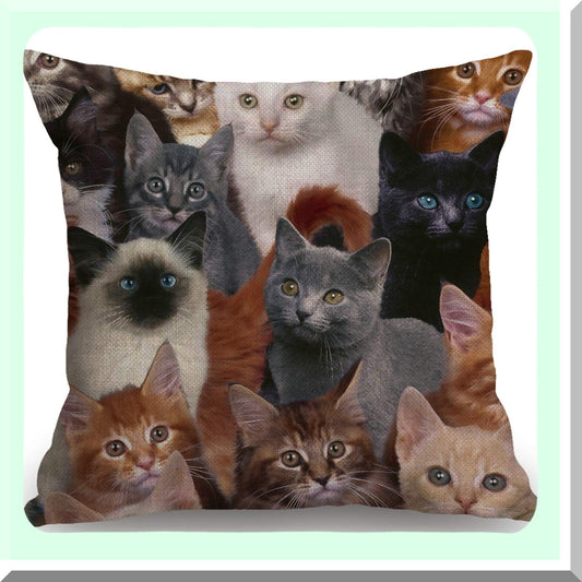 Cats Galore Decorative Pillow Cover - White Black Brown Cats Cotton Linen Cushion Case - Home Sofa Decor - 18x18 Inch Throw Pillow Cover