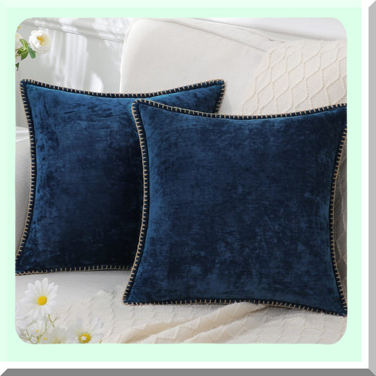 Farmhouse Chenille Velvet Throw Pillow Covers - Set of 2, Decorative Square Cushion Covers 22x22 with Stitched Edge for Couch Sofa Bed - Poseidon Blue