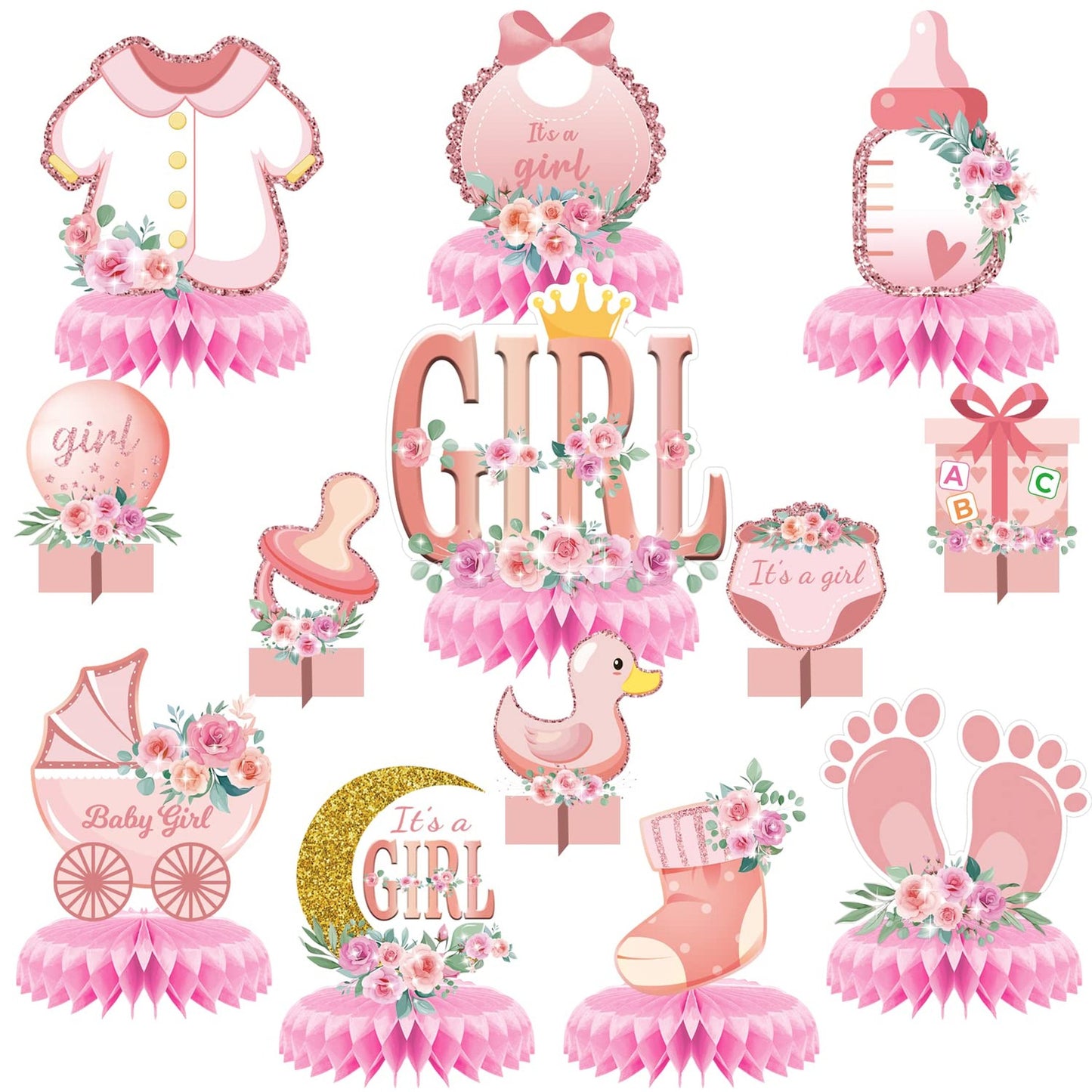 Pink Honeycomb Baby Shower Table Centerpieces - Set of 13 | Gender Reveal Party Decorations for Girls | Baby Shower Birthday Table Decor