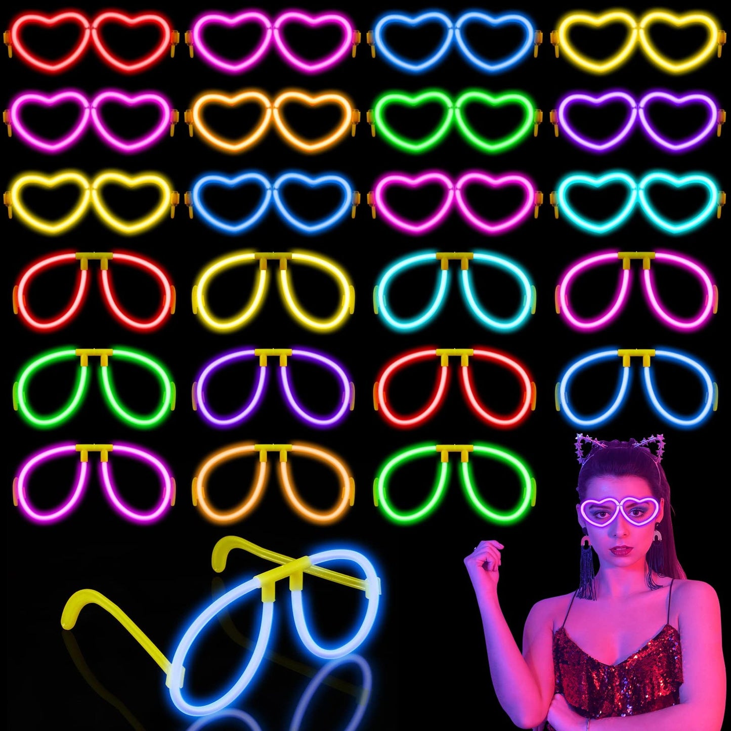 Neon Glow Party Pack - Mardi Gras Supplies Sungles & Glow Sticks - Trendy Kids Birthday Decorations - 24 Pcs Neon Party Favors