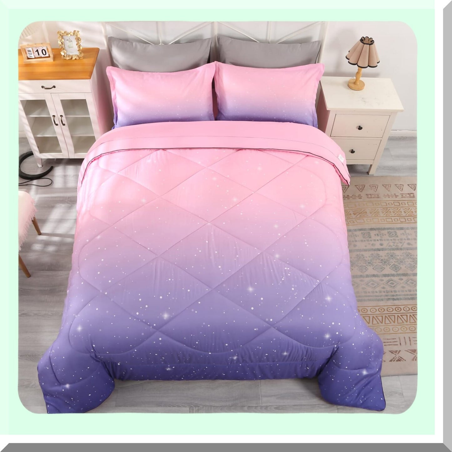 Space Glitter Queen Comforter Set - Pink Purple Galaxy Bedding for Teen Girls & Boys. Premium 5-Piece Set, Soft & Comfortable for Adults.