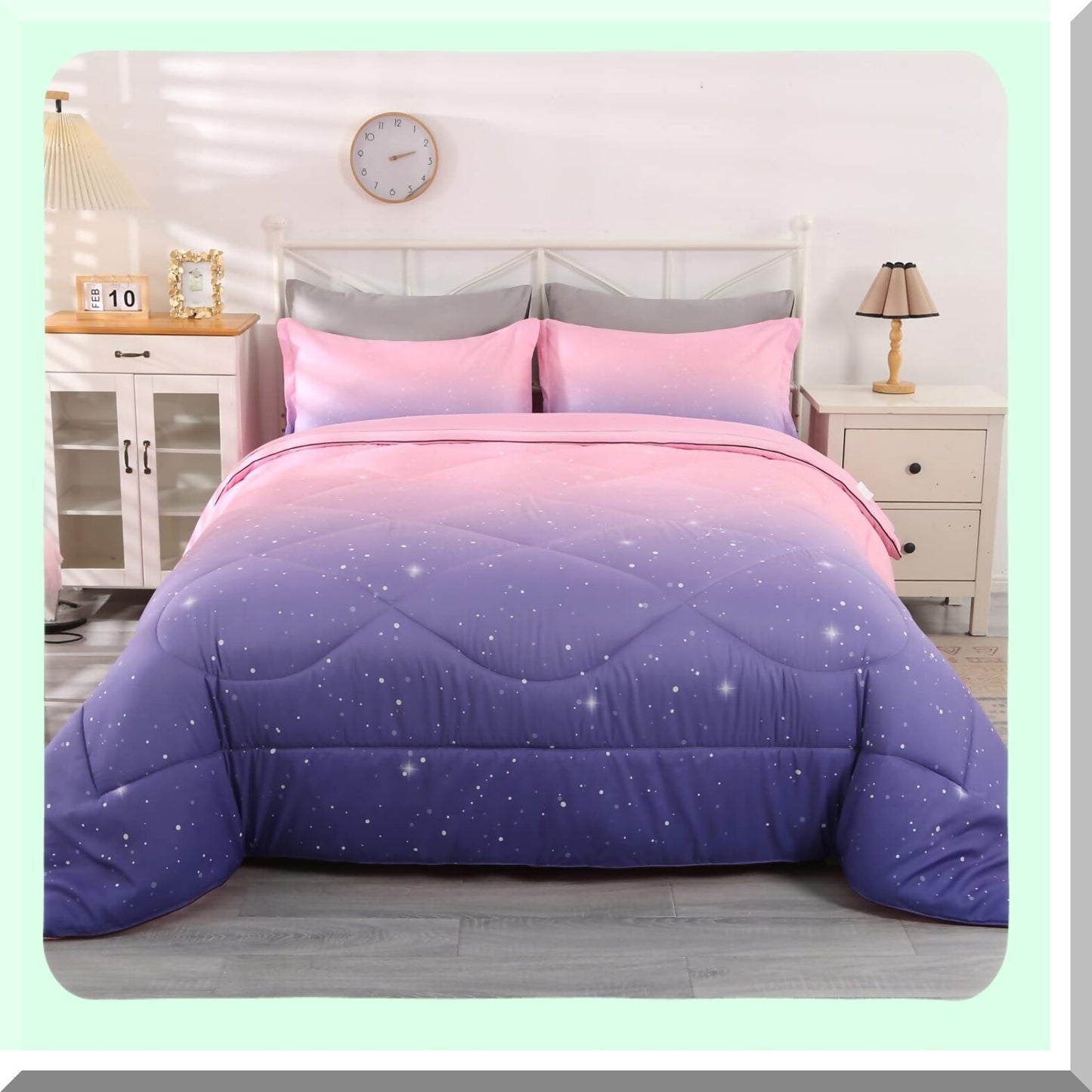 Space Glitter Queen Comforter Set - Pink Purple Galaxy Bedding for Teen Girls & Boys. Premium 5-Piece Set, Soft & Comfortable for Adults.
