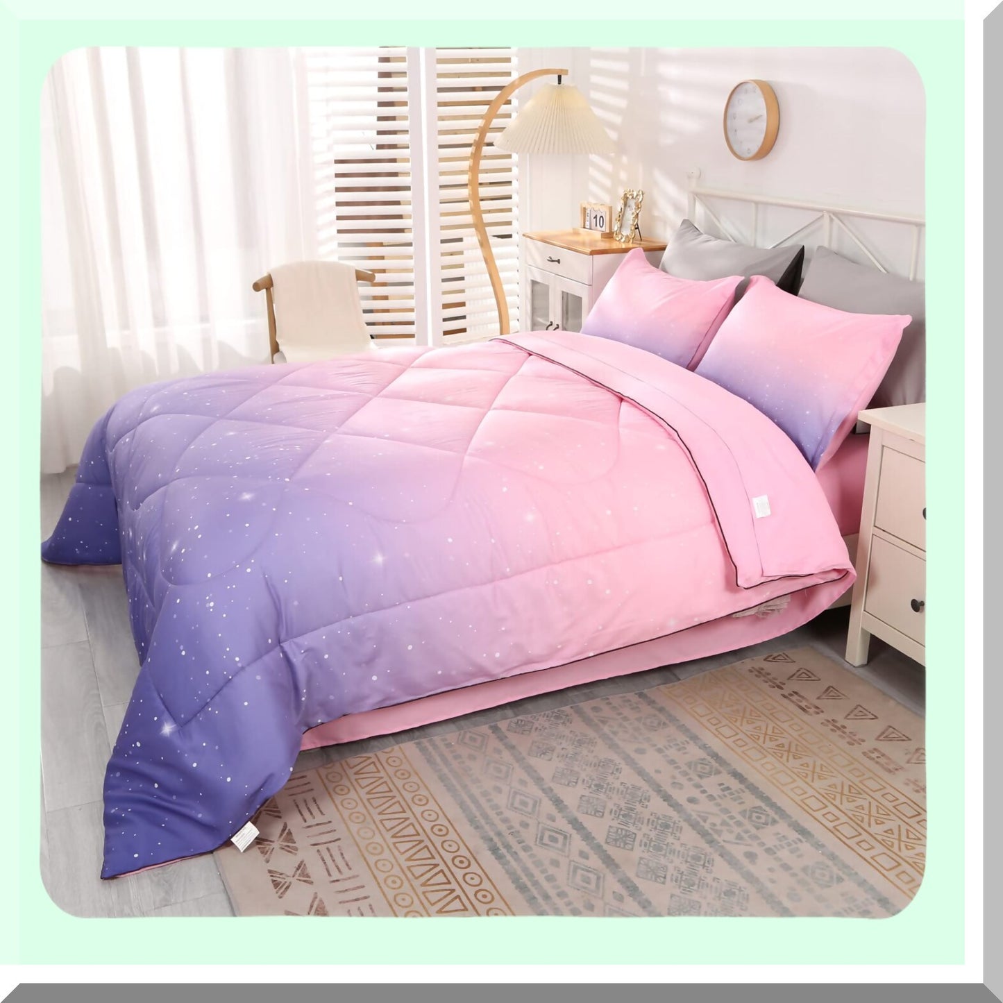 Space Glitter Queen Comforter Set - Pink Purple Galaxy Bedding for Teen Girls & Boys. Premium 5-Piece Set, Soft & Comfortable for Adults.