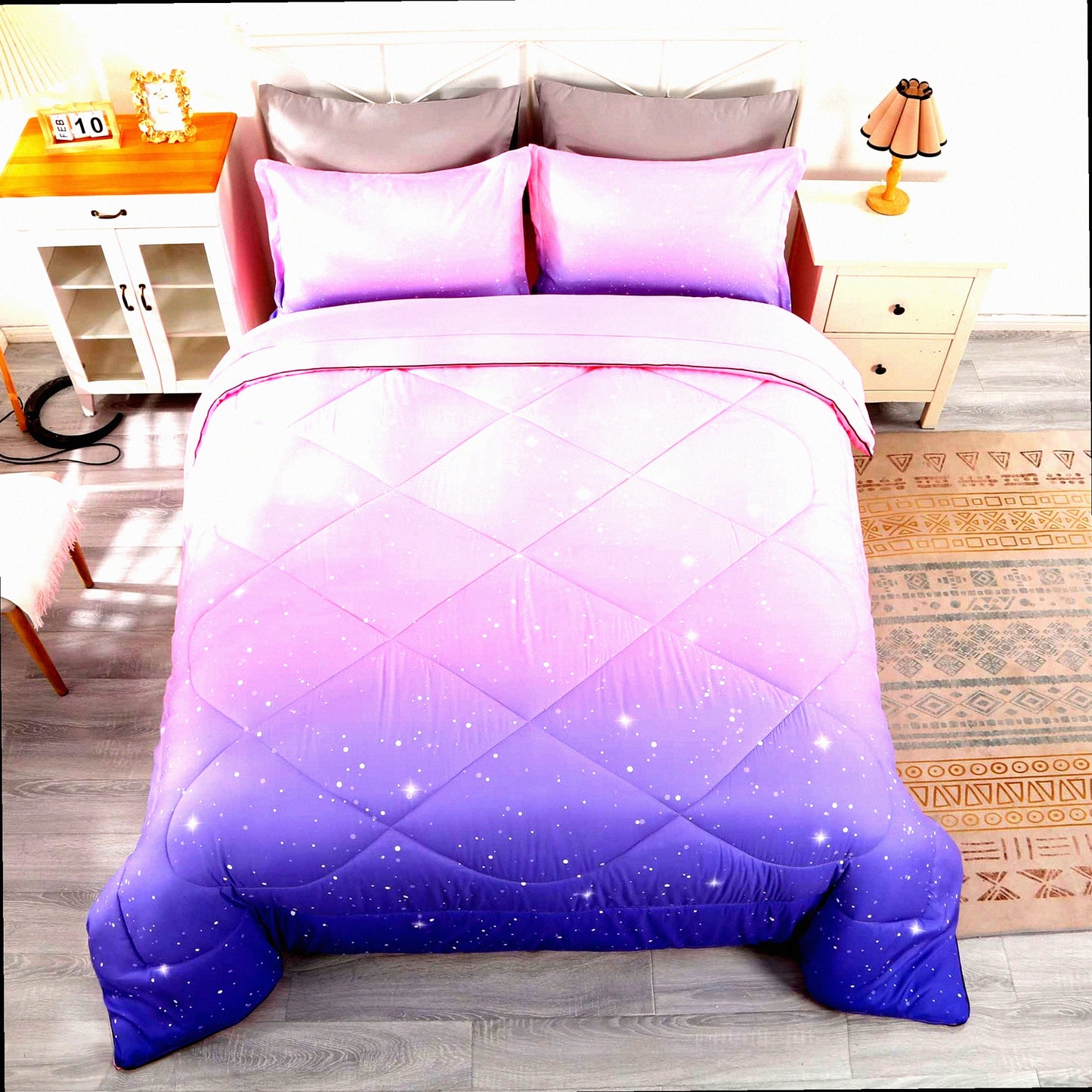 Space Glitter Queen Comforter Set - Pink Purple Galaxy Bedding for Teen Girls & Boys. Premium 5-Piece Set, Soft & Comfortable for Adults.