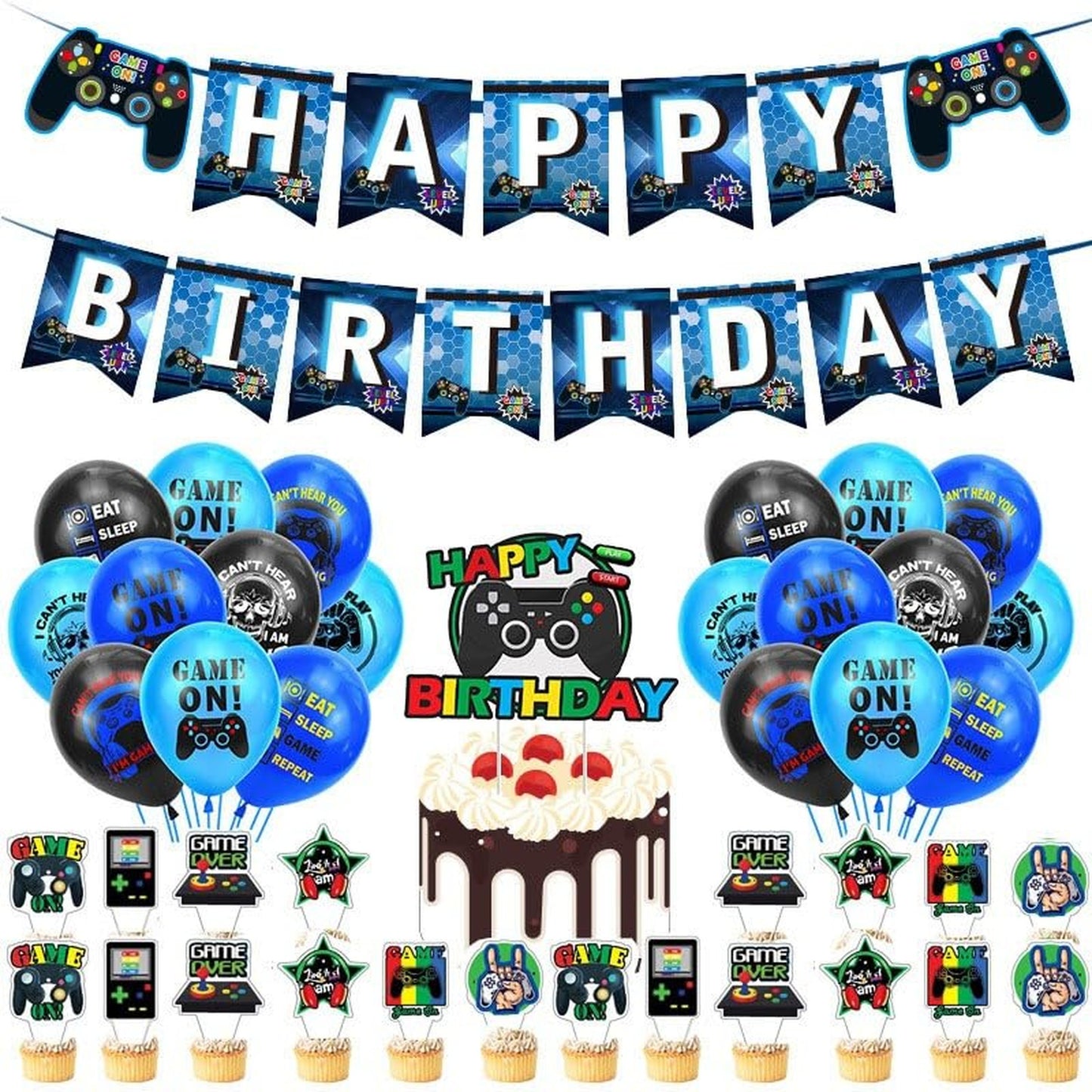 Game On! Ultimate Video Game Party Pack - 35pc Set for Boys. Includes Birthday Banner, Balloons, Cake Toppers, and Gamepad Decorations. Perfect for Gamers!