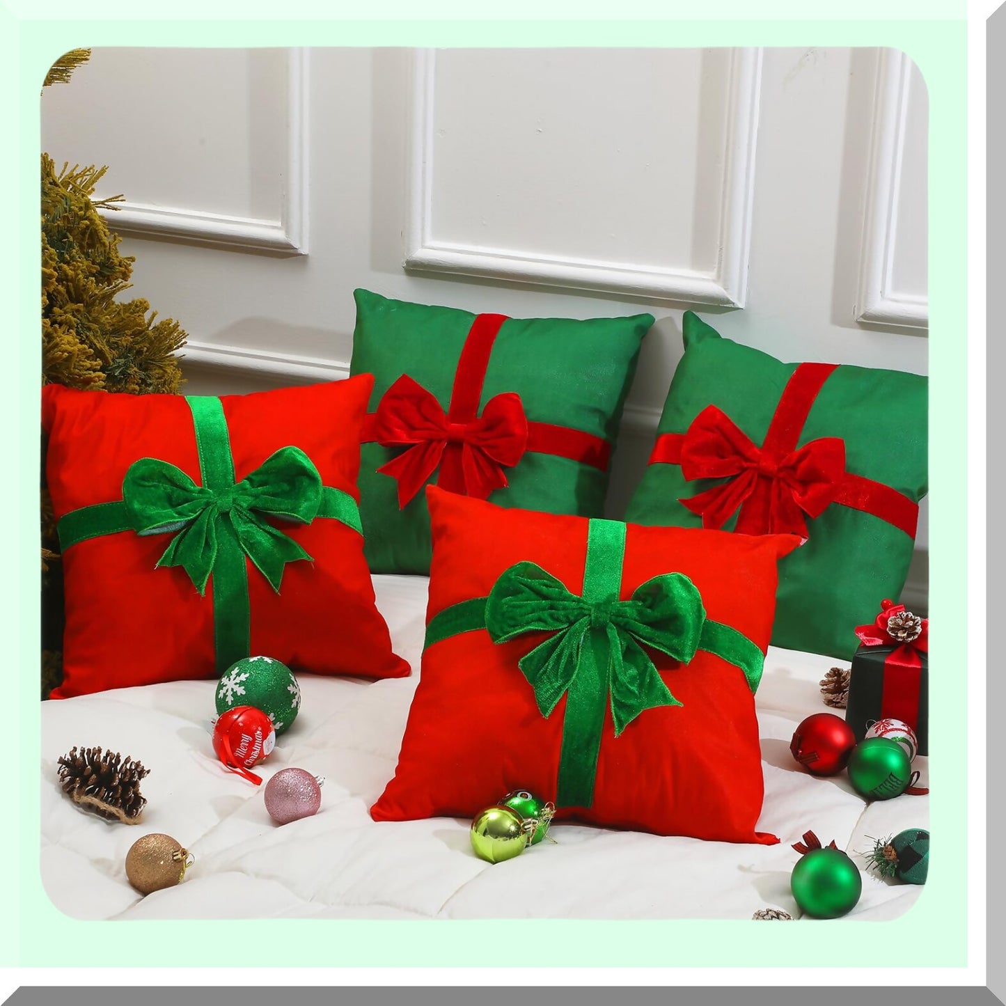 Winter Wonderland Pillow Cover Set - Xmas Holiday Farmhouse Decor Gift Box Style Throw Pillow Cases for Couch & Sofa, 18x18 Square Home Floor Décor