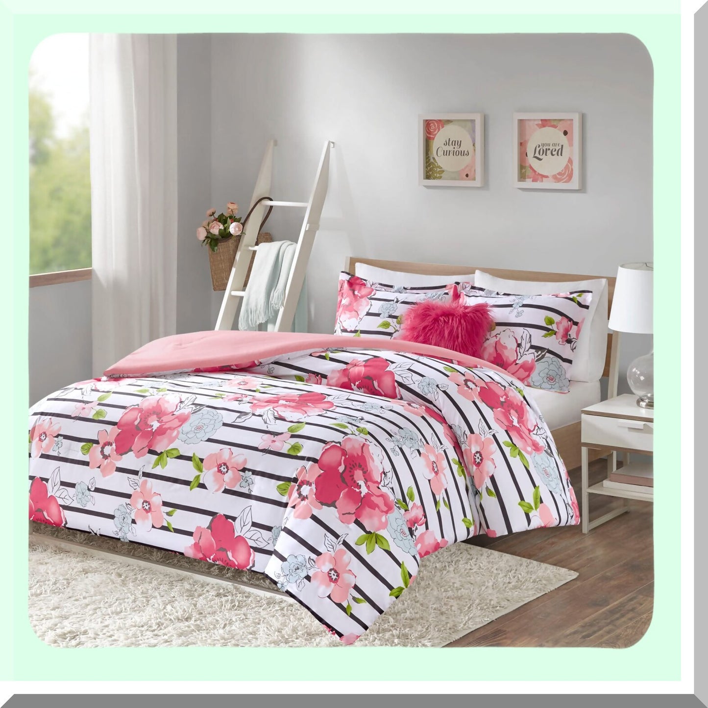 Pink Blossom Stripe Comforter Set - Twin/TwinXL - 3 Piece Floral Bedding with Long Decorative Pillow - Printed Design for Ultimate Comfort