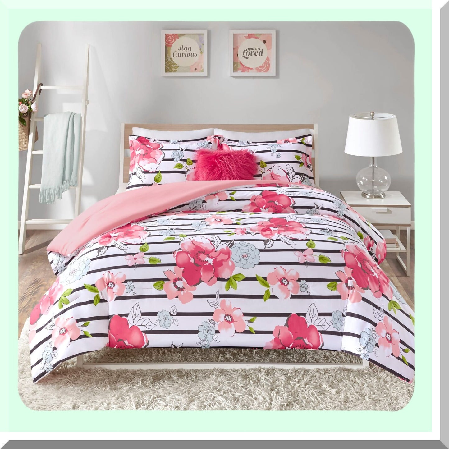 Pink Blossom Stripe Comforter Set - Twin/TwinXL - 3 Piece Floral Bedding with Long Decorative Pillow - Printed Design for Ultimate Comfort