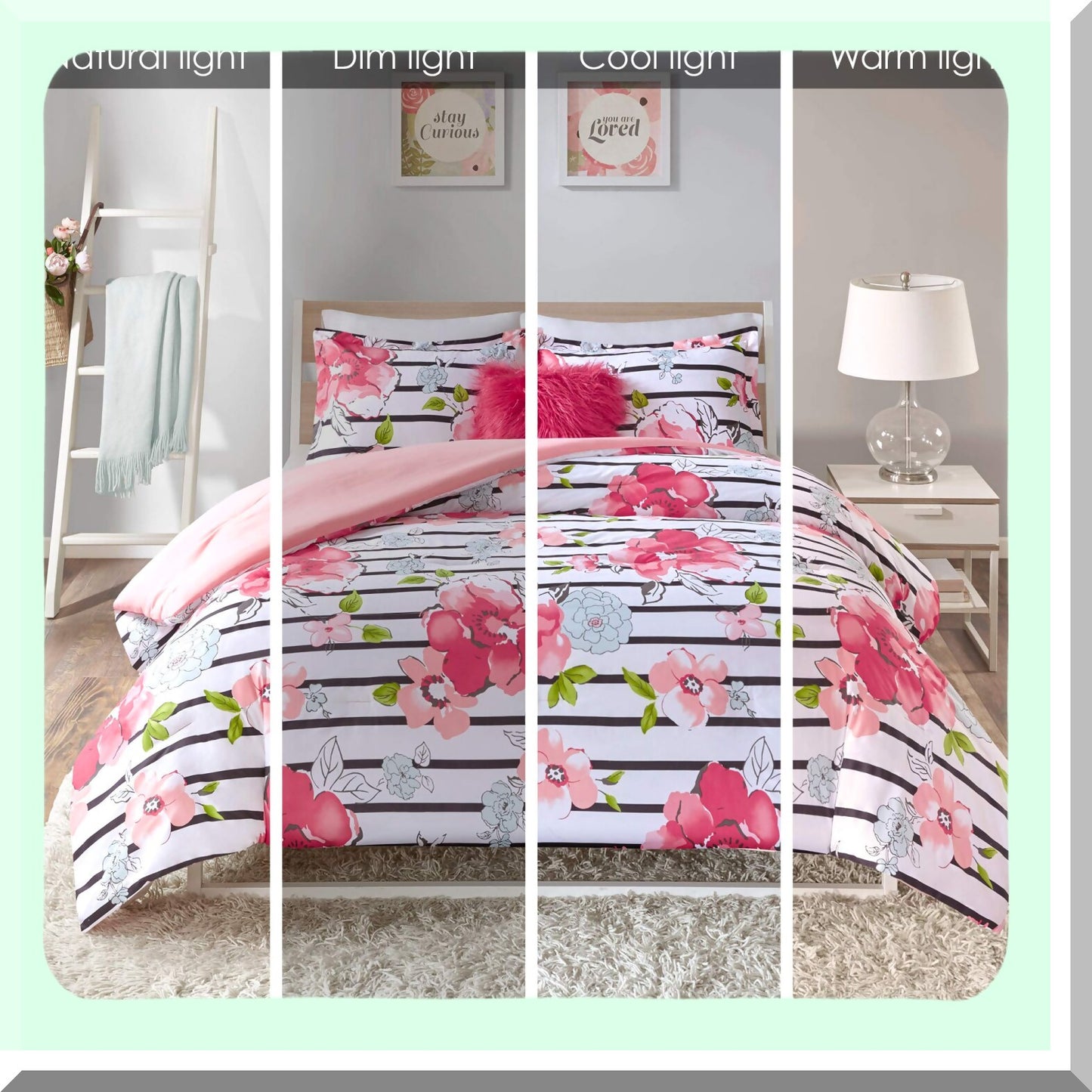 Pink Blossom Stripe Comforter Set - Twin/TwinXL - 3 Piece Floral Bedding with Long Decorative Pillow - Printed Design for Ultimate Comfort
