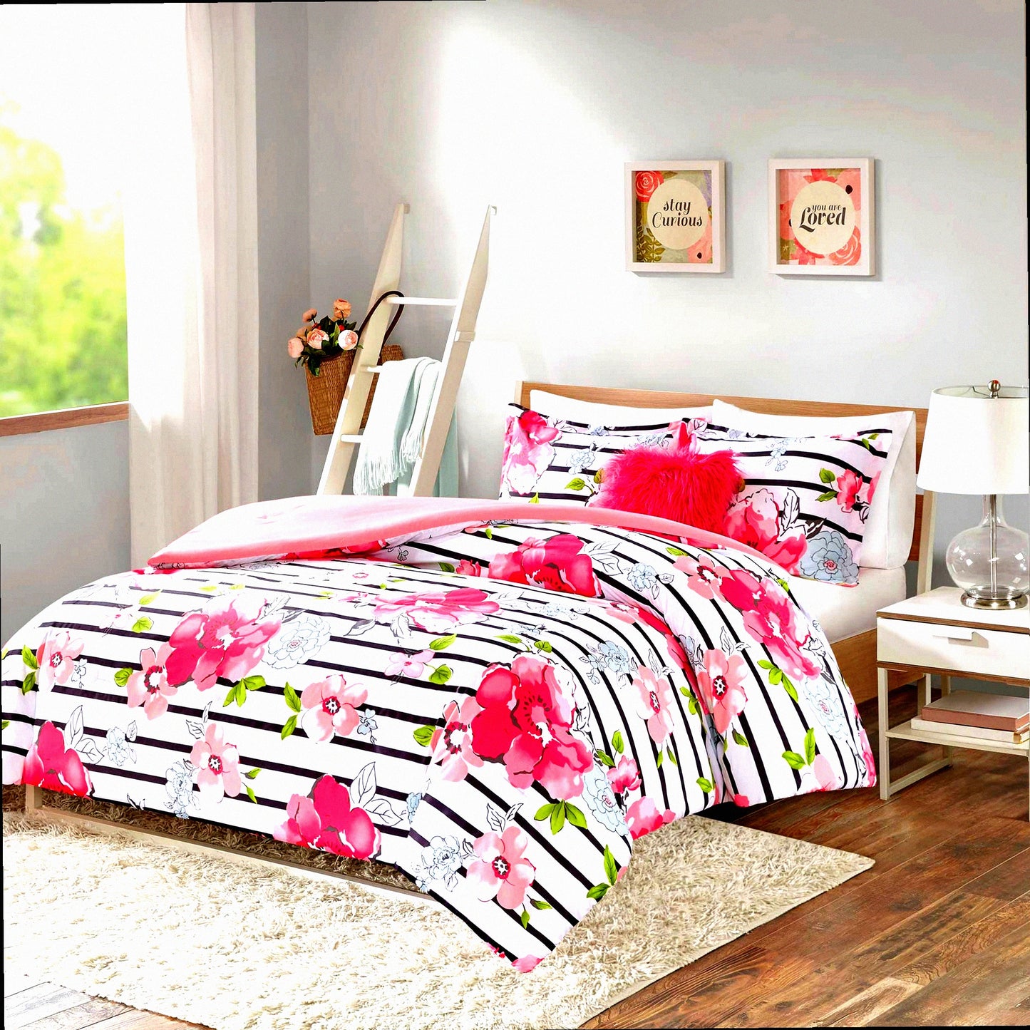 Pink Blossom Stripe Comforter Set - Twin/TwinXL - 3 Piece Floral Bedding with Long Decorative Pillow - Printed Design for Ultimate Comfort