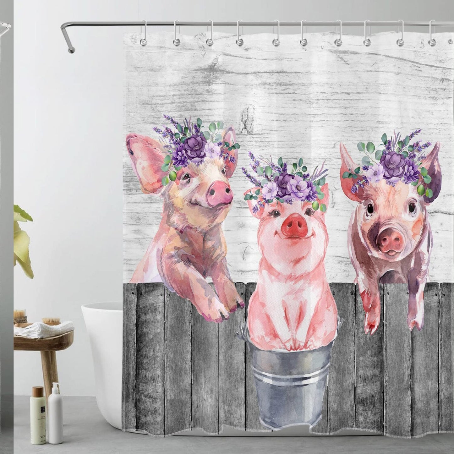 Pink Pig Farm Animal Shower Curtain Set 60x72 Inches