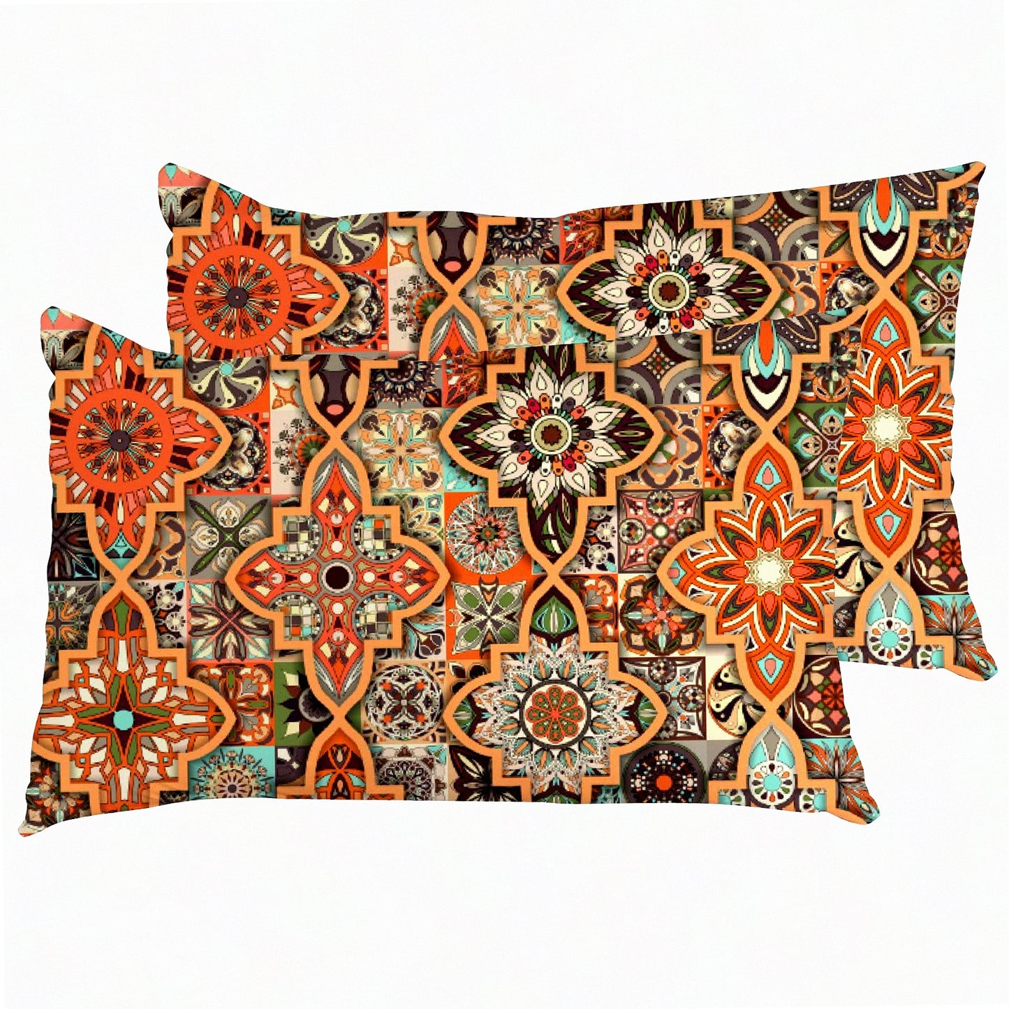 Bohemian Paisley Stripe Pillowcase Set - Vintage Ethnic Orange Brown Pillowcover Protector Sham Standard Size 20x26 Zippered - Pack of 2