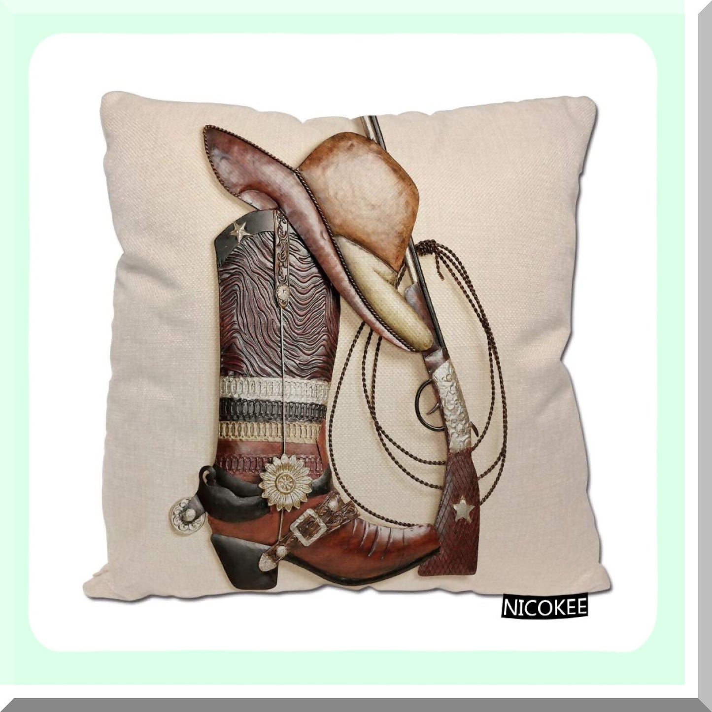 Rustic Western Home Decor Pillow Covers - Cowboy Boots & Hat Design - Cotton Linen Throw Pillow Cases for Couch Sofa Bed - 18 X 18 Inches