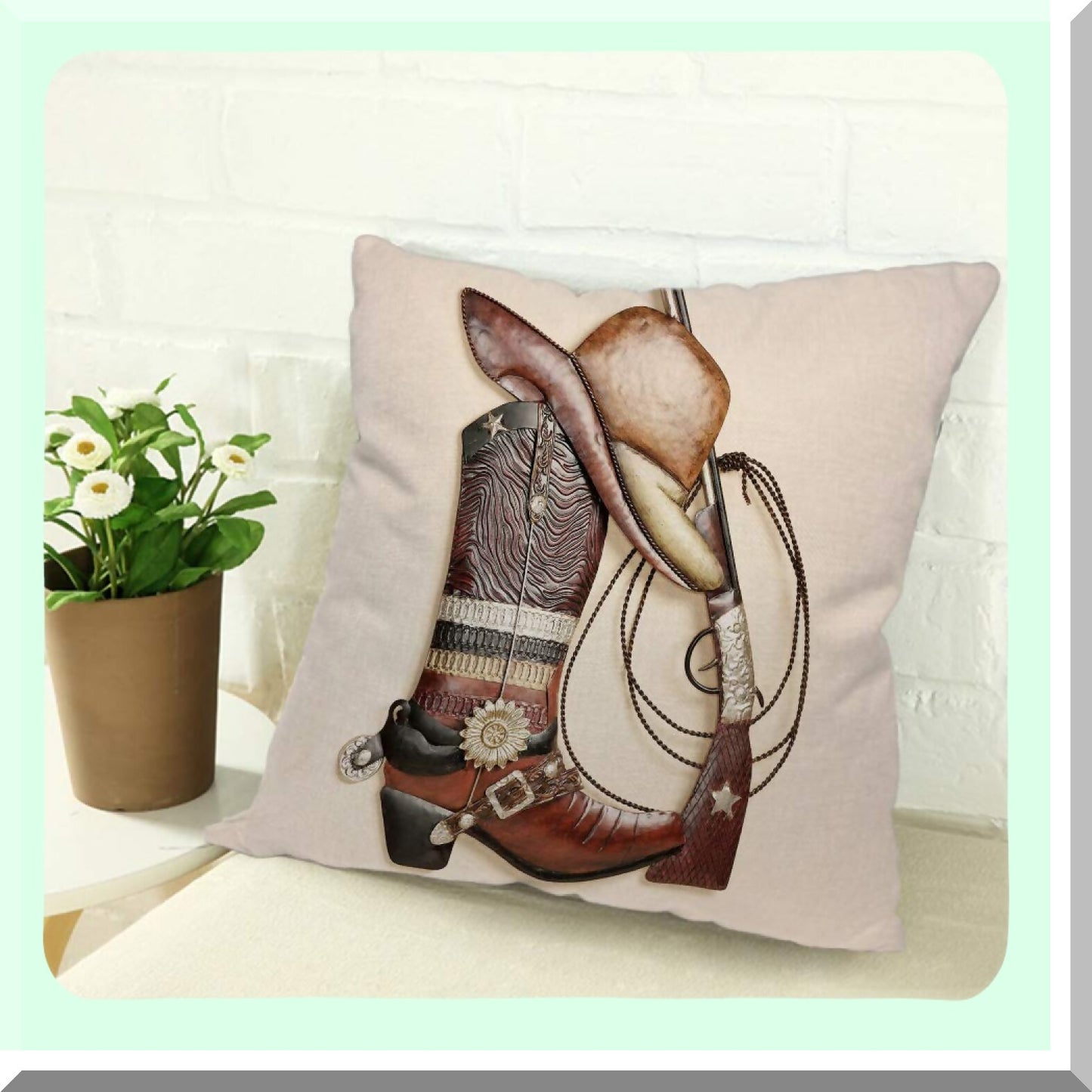 Rustic Western Home Decor Pillow Covers - Cowboy Boots & Hat Design - Cotton Linen Throw Pillow Cases for Couch Sofa Bed - 18 X 18 Inches