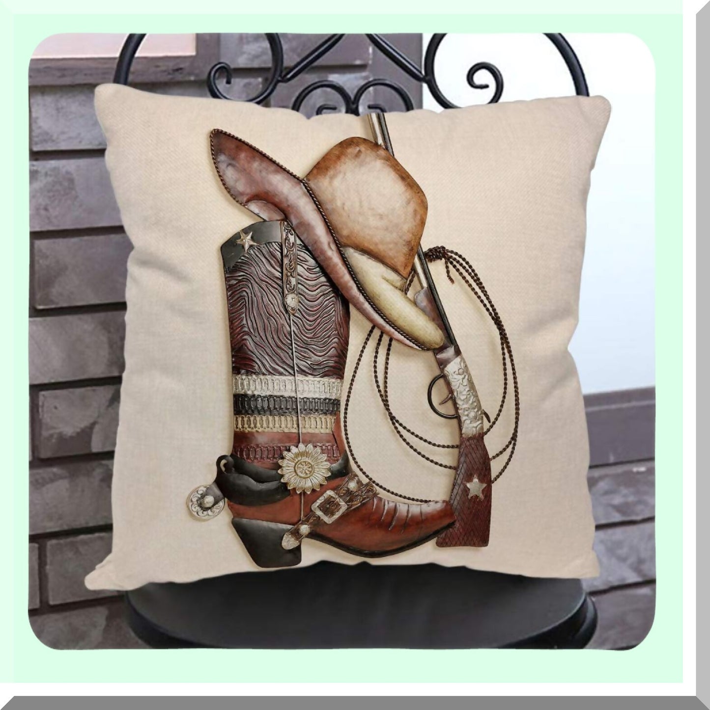 Rustic Western Home Decor Pillow Covers - Cowboy Boots & Hat Design - Cotton Linen Throw Pillow Cases for Couch Sofa Bed - 18 X 18 Inches