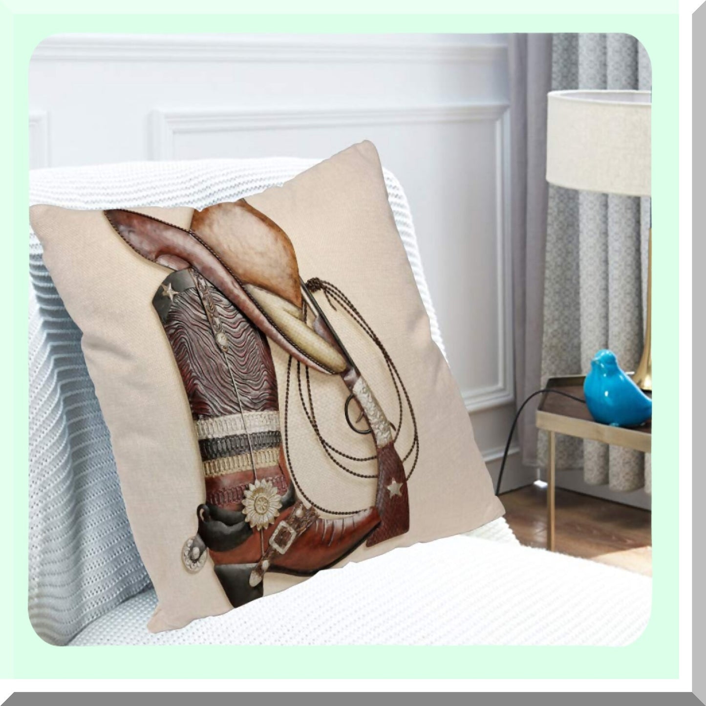 Rustic Western Home Decor Pillow Covers - Cowboy Boots & Hat Design - Cotton Linen Throw Pillow Cases for Couch Sofa Bed - 18 X 18 Inches