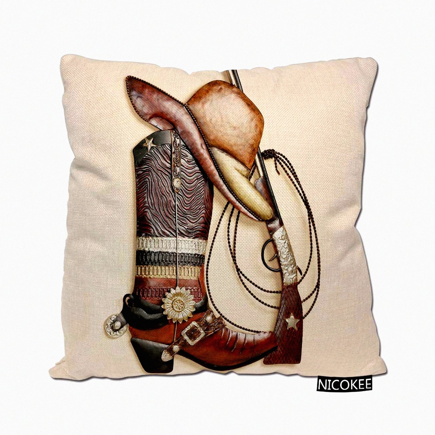 Rustic Western Home Decor Pillow Covers - Cowboy Boots & Hat Design - Cotton Linen Throw Pillow Cases for Couch Sofa Bed - 18 X 18 Inches