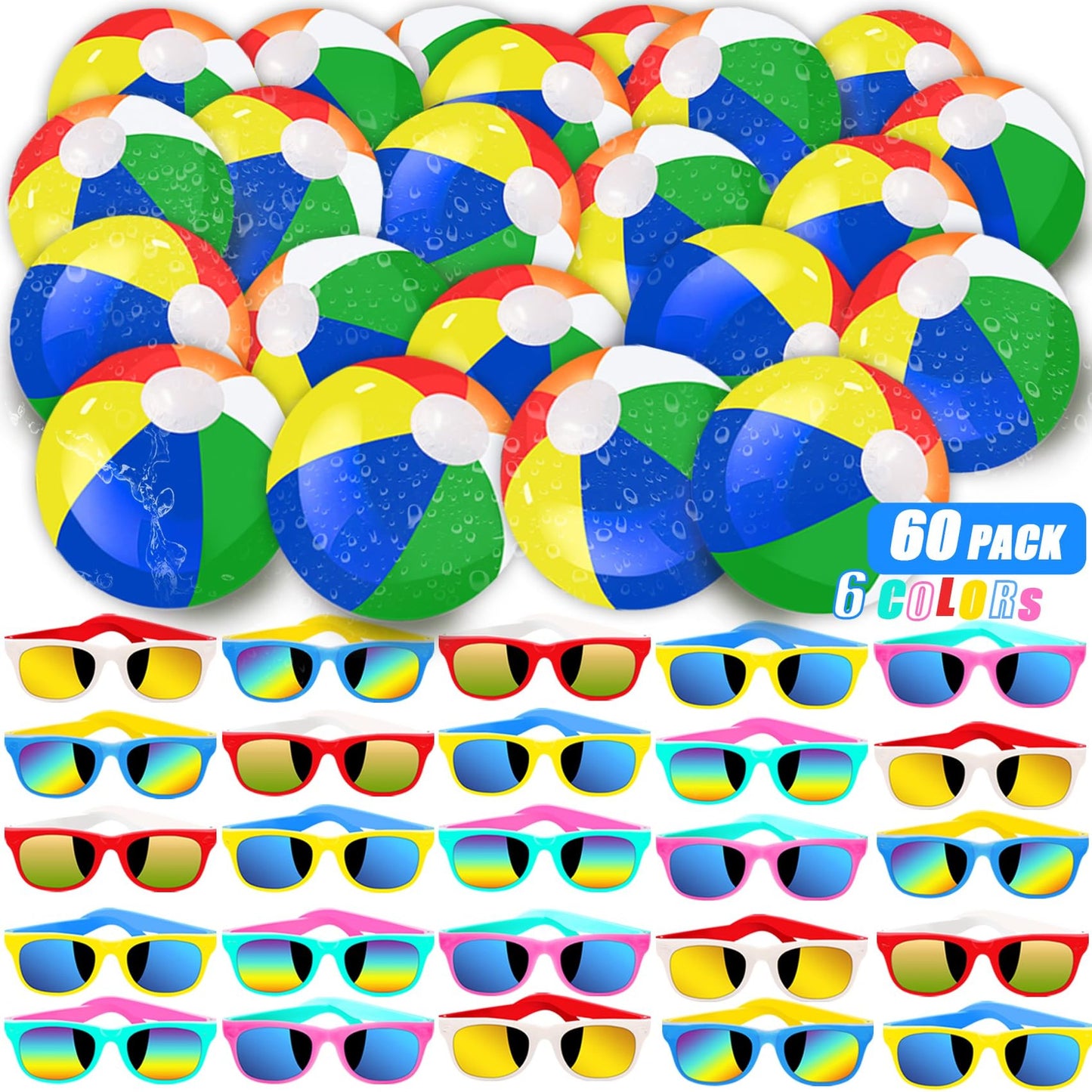 Summer Fun Party Pack - 48 Piece Sungles & Beach Balls Set for Kids! Neon Sungles & Colorful Beach Balls for Boys & Girls - Perfect for Graduation, Beach Day, Pool Parties & Goodie Bags!