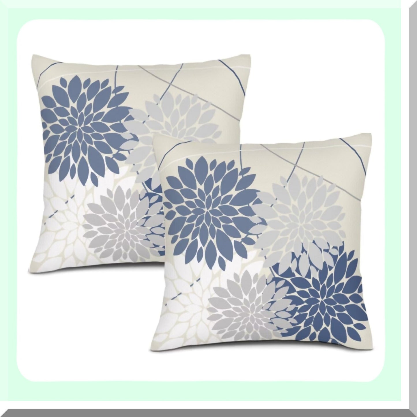 Patriotic Dahlia Flower Print Pillow Covers - Set of 2 | Navy Blue White Grey 16x16 Inch Outdoor Decor Cushion Case for Living Room Sofa Bed