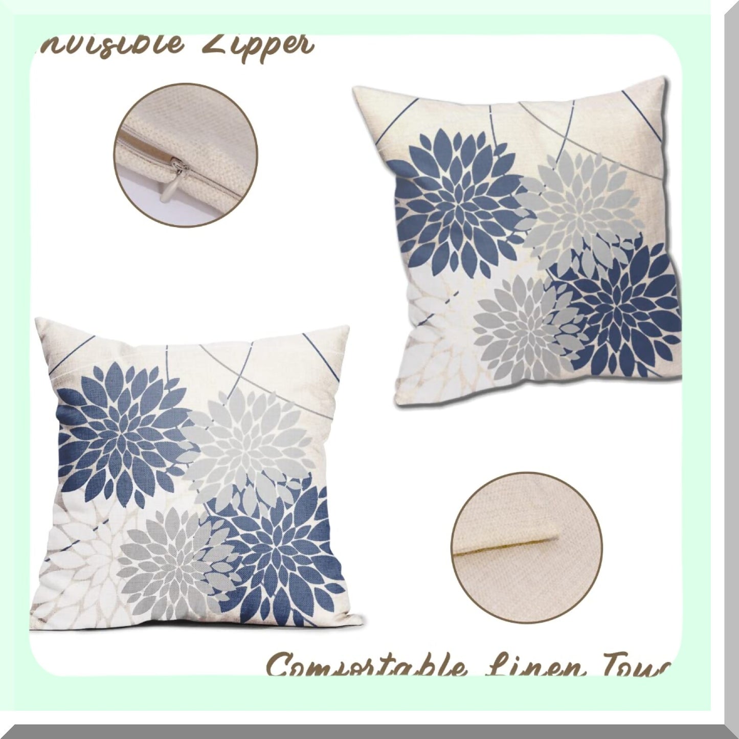 Patriotic Dahlia Flower Print Pillow Covers - Set of 2 | Navy Blue White Grey 16x16 Inch Outdoor Decor Cushion Case for Living Room Sofa Bed