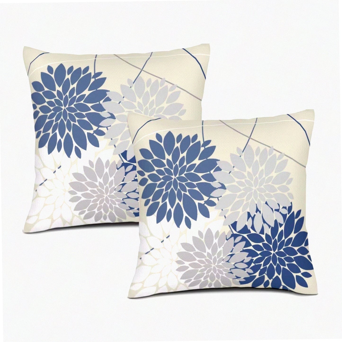 Patriotic Dahlia Flower Print Pillow Covers - Set of 2 | Navy Blue White Grey 16x16 Inch Outdoor Decor Cushion Case for Living Room Sofa Bed