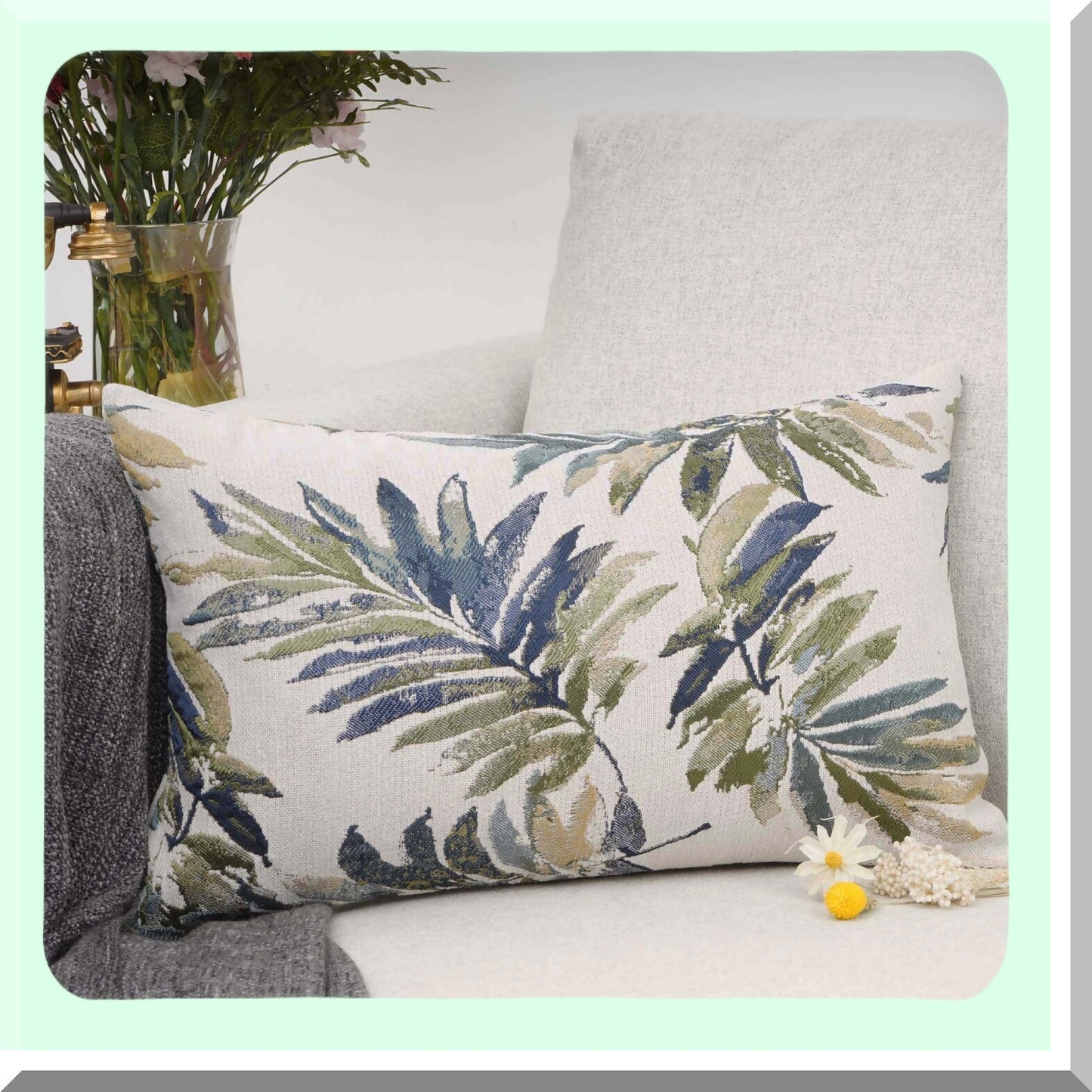 Green Leaf Chenille Embroidered Linen Lumbar Pillow Cover - Home Office Decorative Cushion Case 12x20 Inches