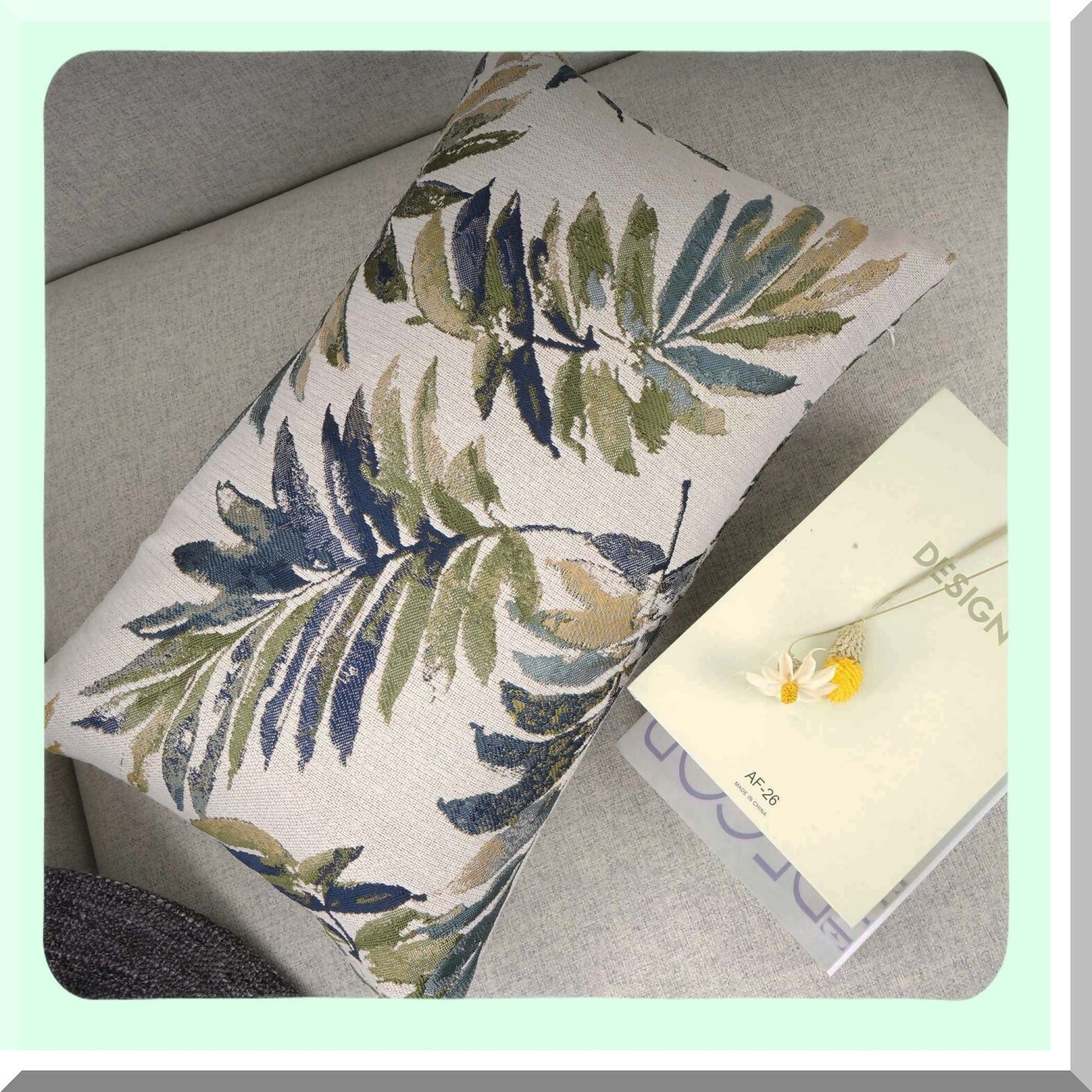 Green Leaf Chenille Embroidered Linen Lumbar Pillow Cover - Home Office Decorative Cushion Case 12x20 Inches
