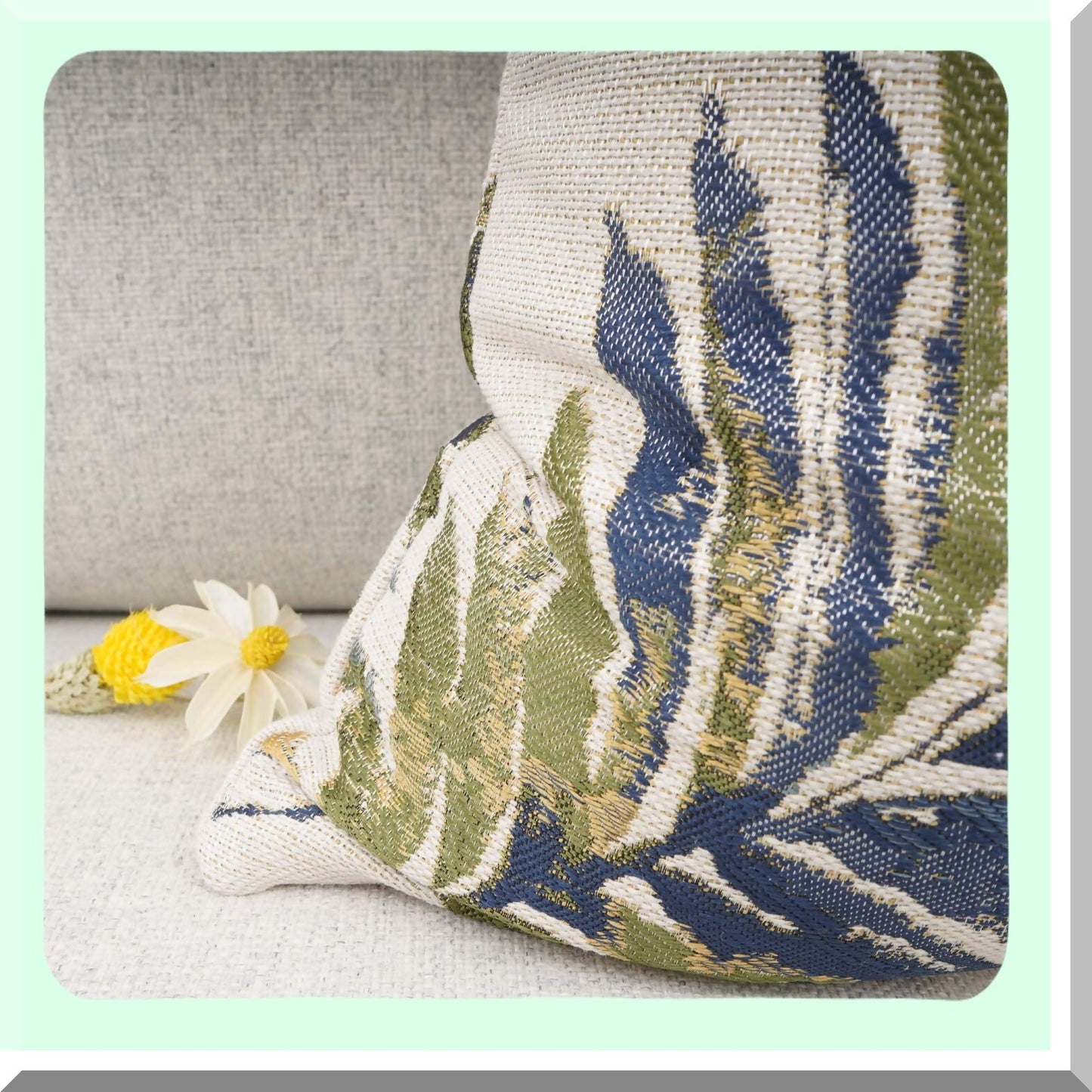 Green Leaf Chenille Embroidered Linen Lumbar Pillow Cover - Home Office Decorative Cushion Case 12x20 Inches