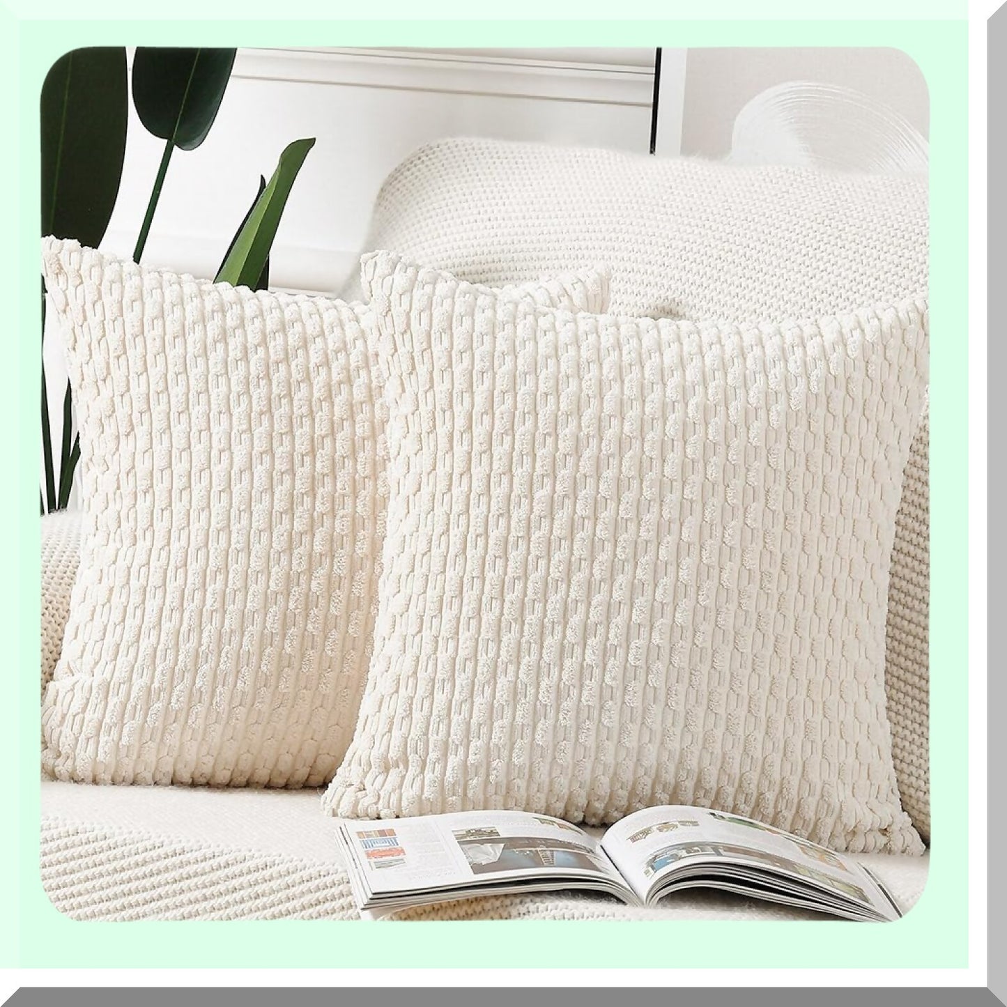 Boho Stripe Corduroy Pillow Covers - Set of 2 Cream White 14x14 Inch Soft Decorative Cushion Shell for Bedroom Sofa - Throw Pillow Pack
